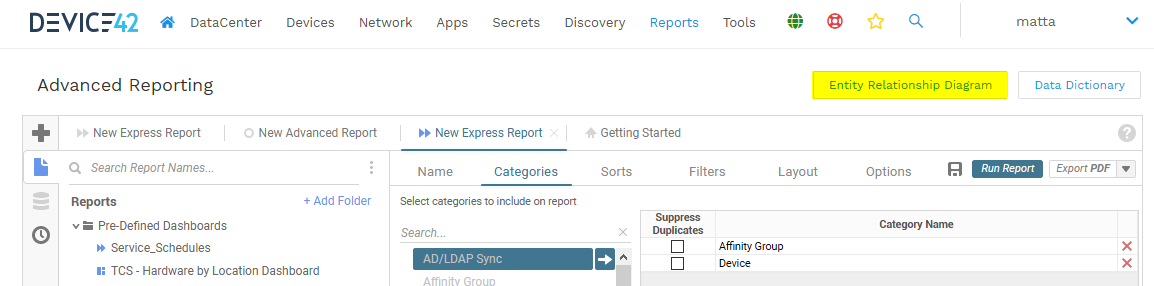 Entity Relationship Diagram button on Advanced Reporting screen