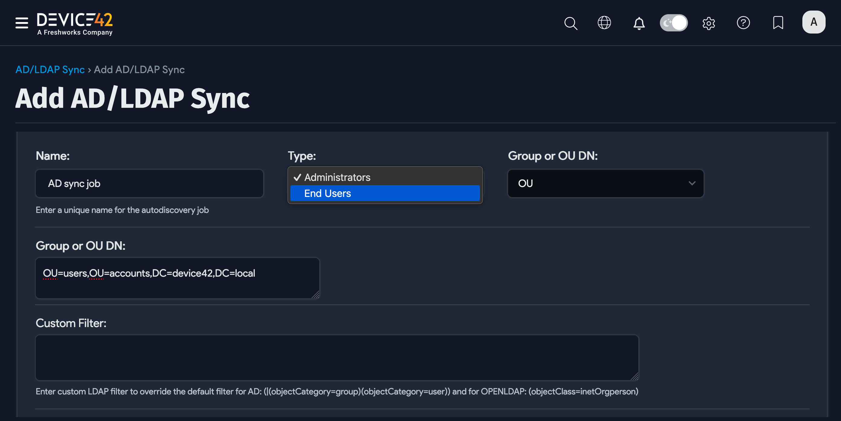 User type dropdown