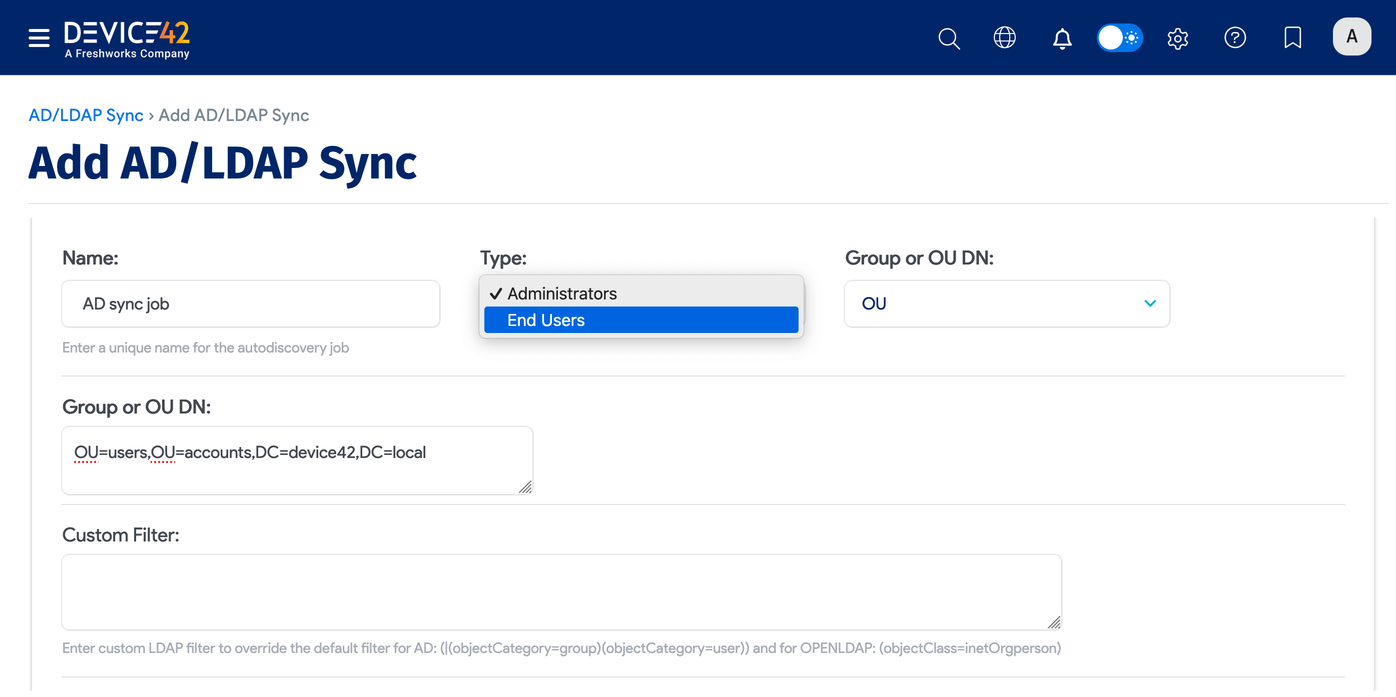 User type dropdown