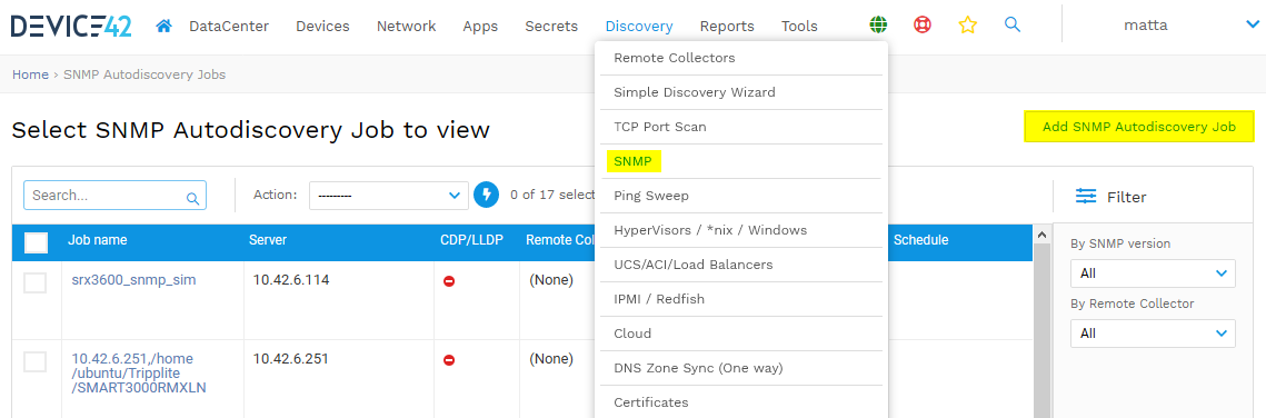 Add SNMP discovery job Power PDU