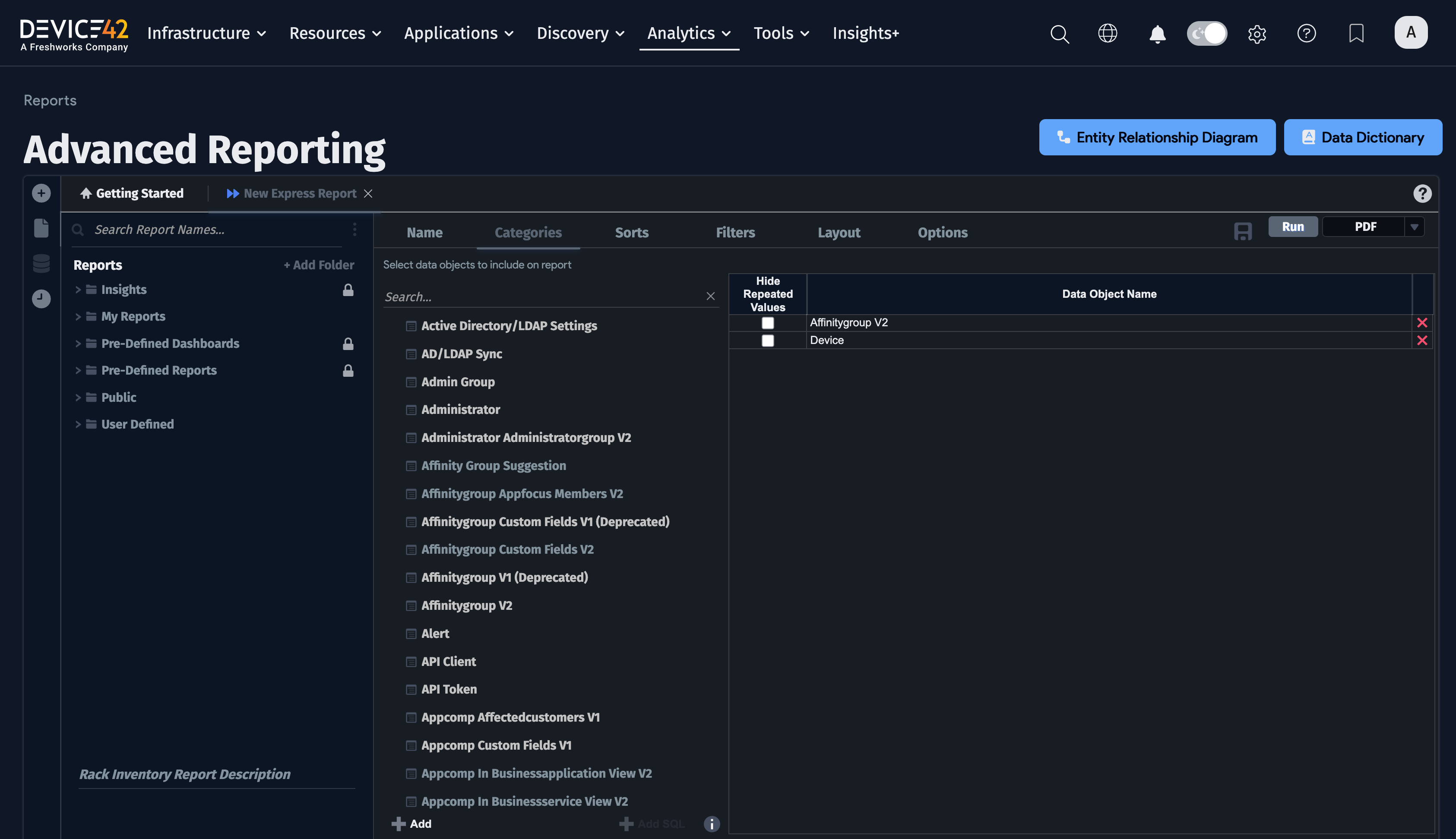 Advanced reporting screen