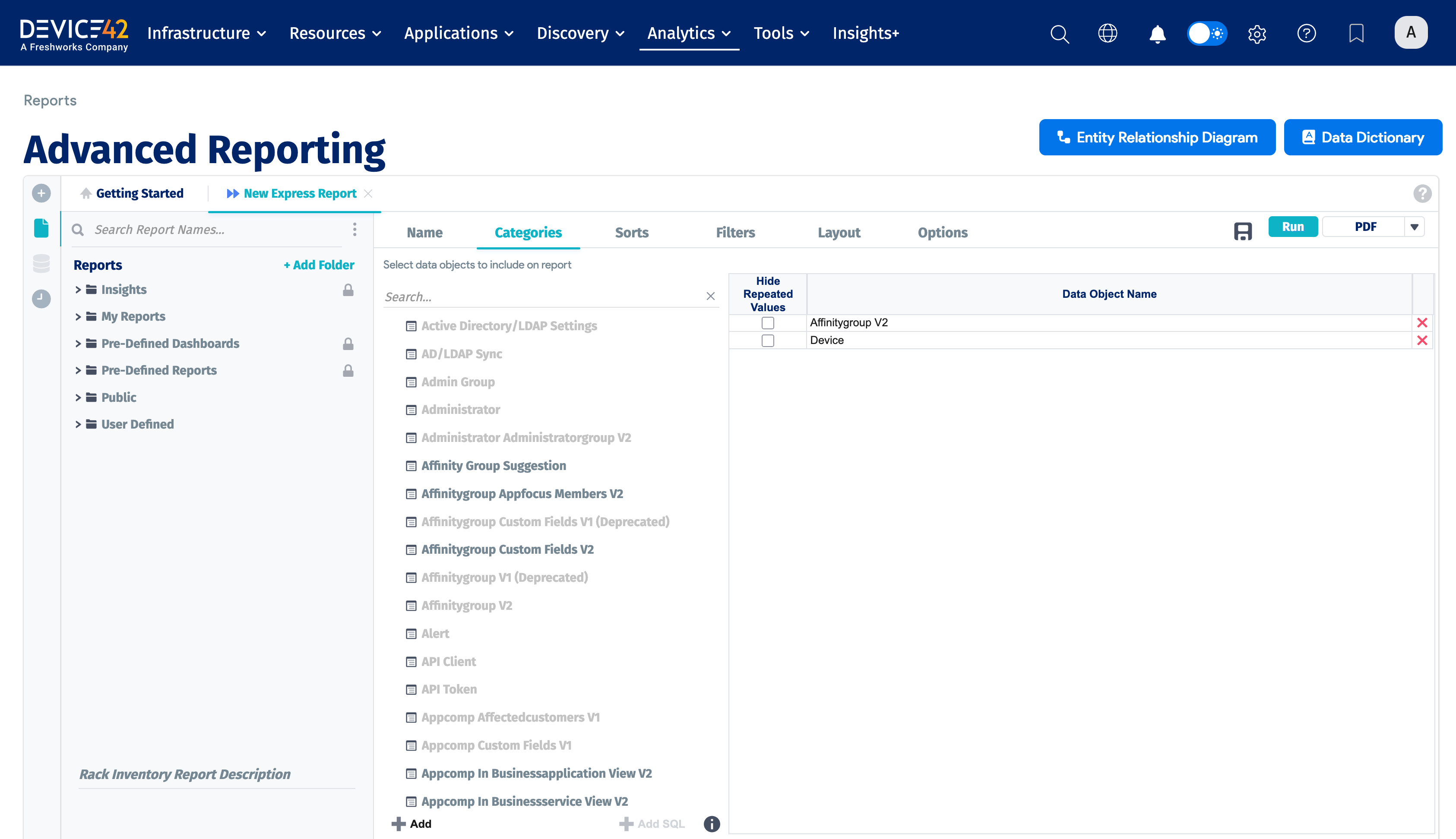 Advanced reporting screen