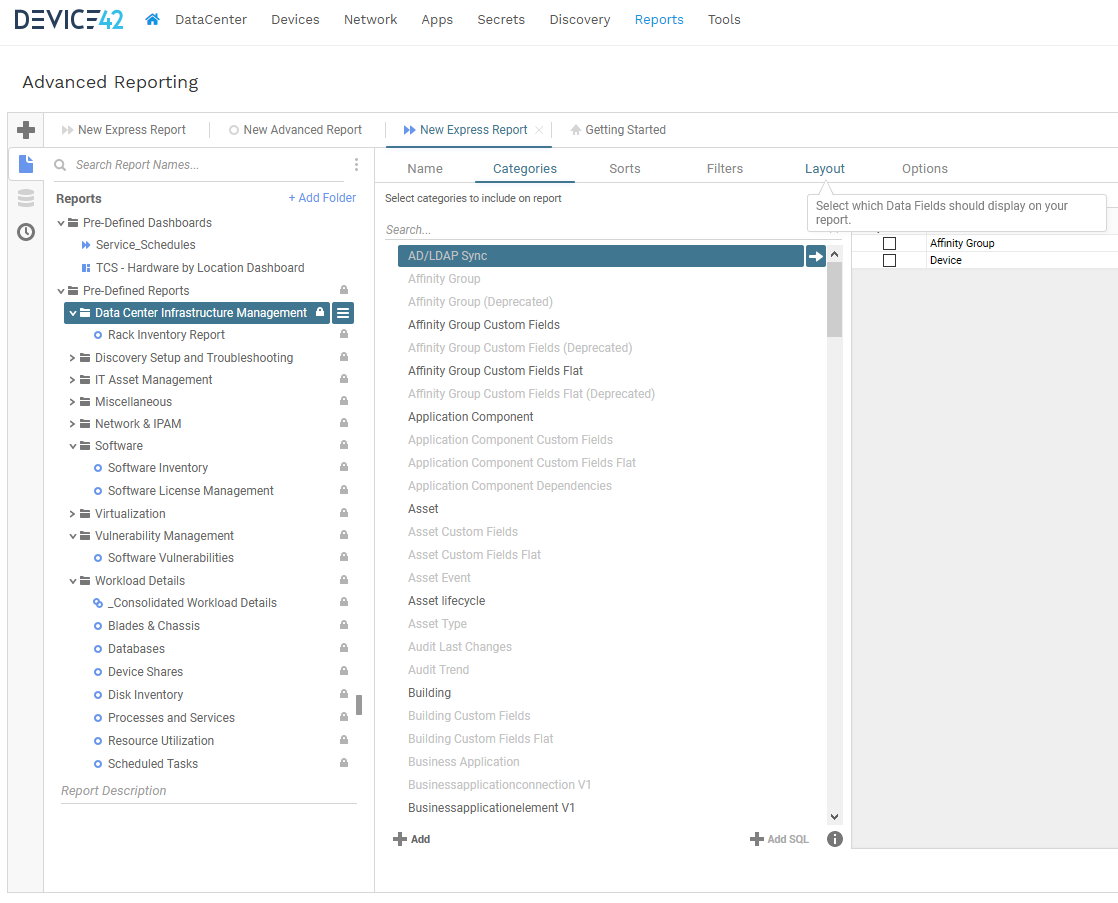 Device42 Advanced Reporting Screen