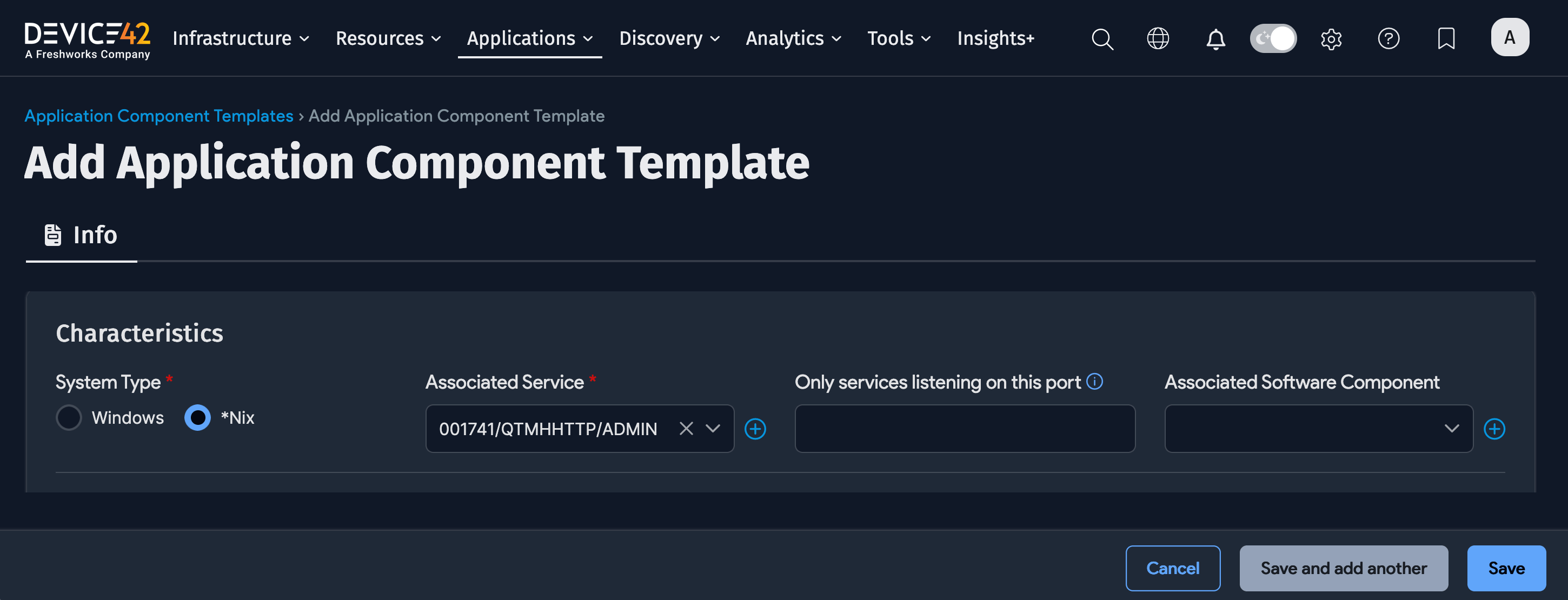 App Comp Template Characteristics form
