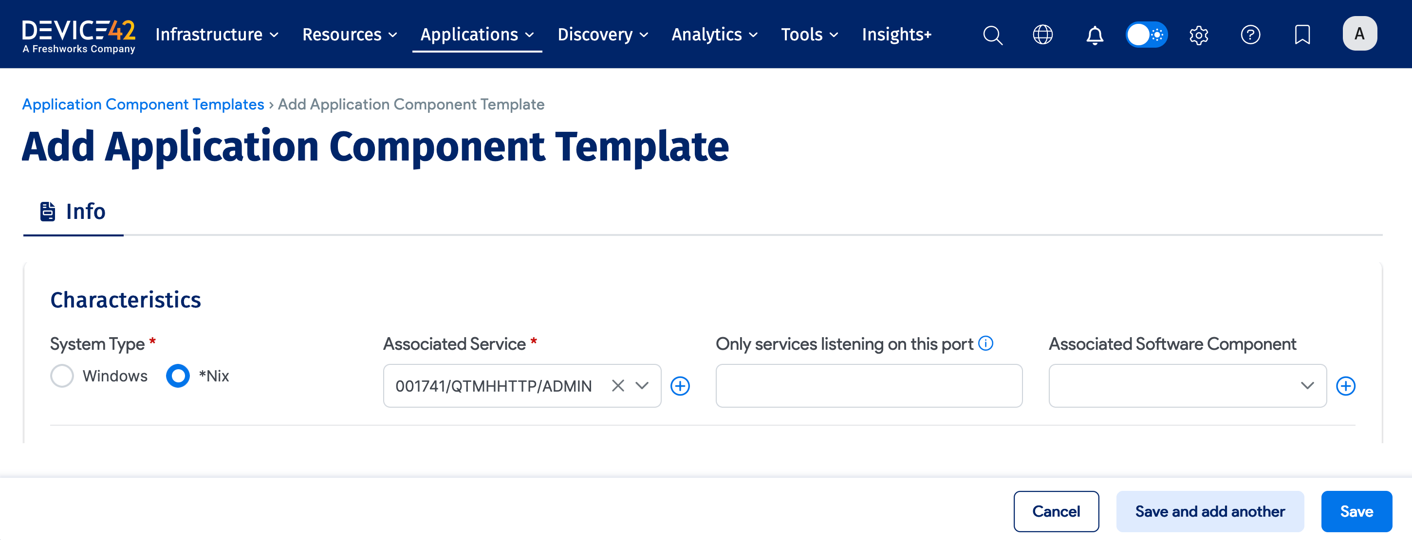 App Comp Template Characteristics form