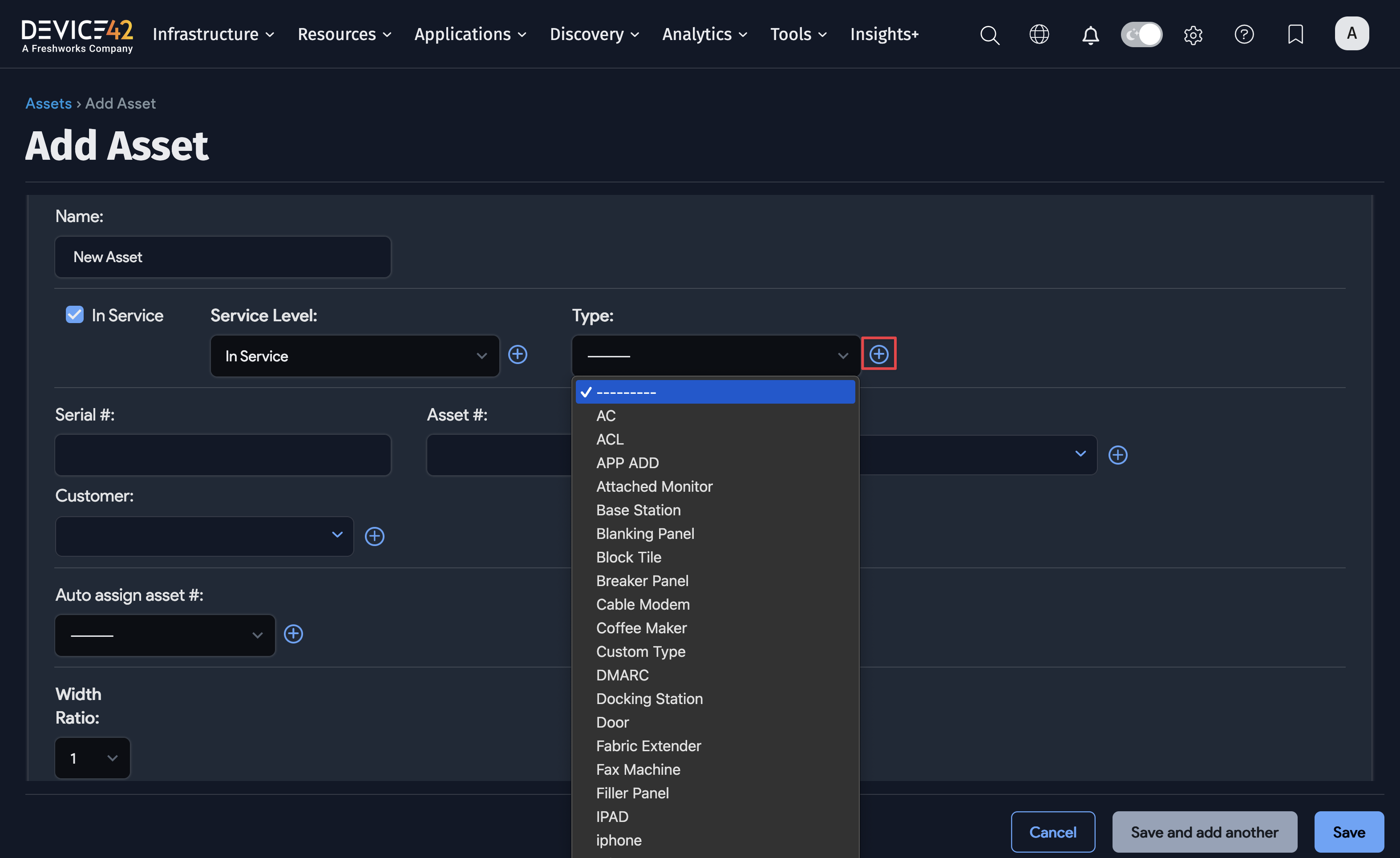Assets Types menu