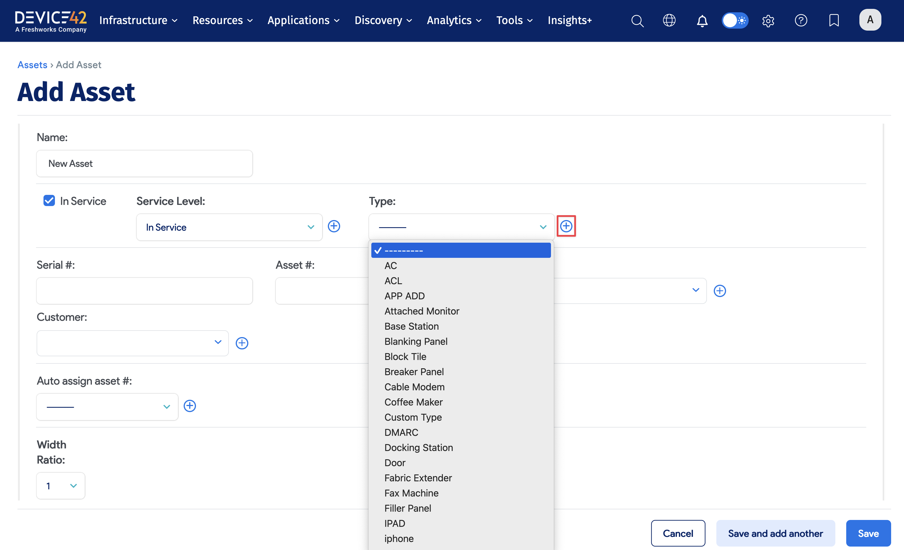 Assets Types menu