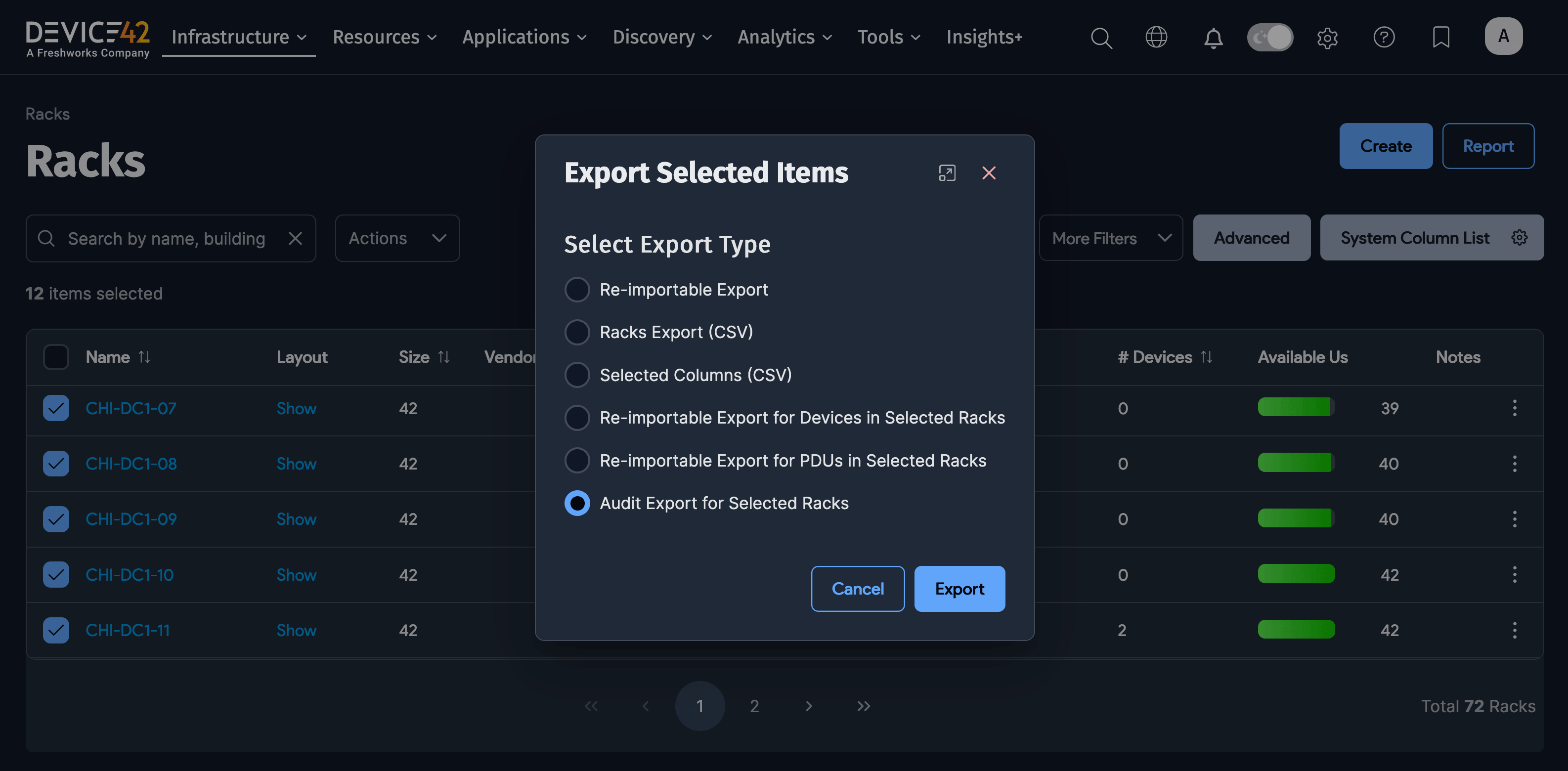 Audit Export for Selected Racks option