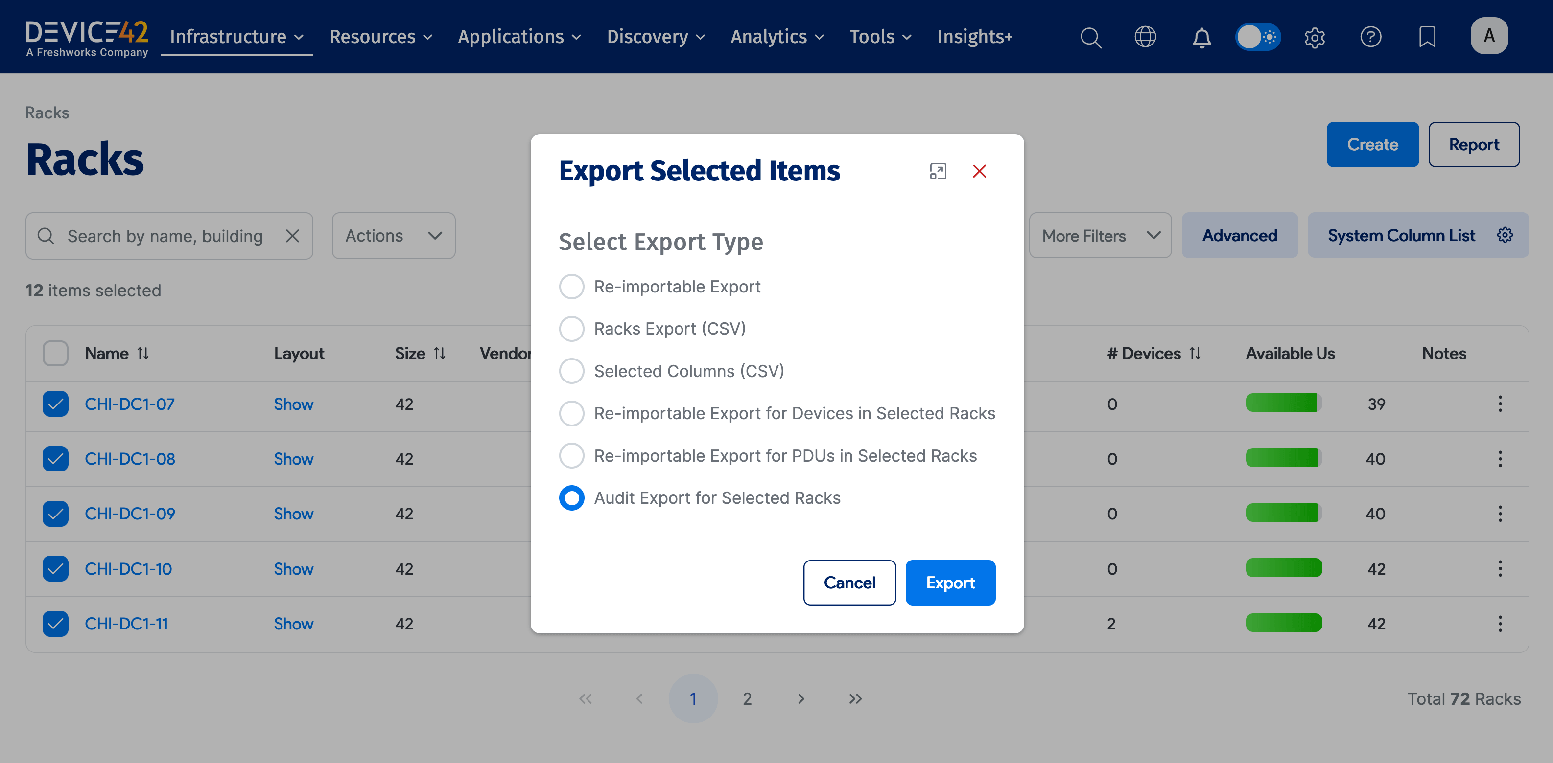 Audit Export for Selected Racks option