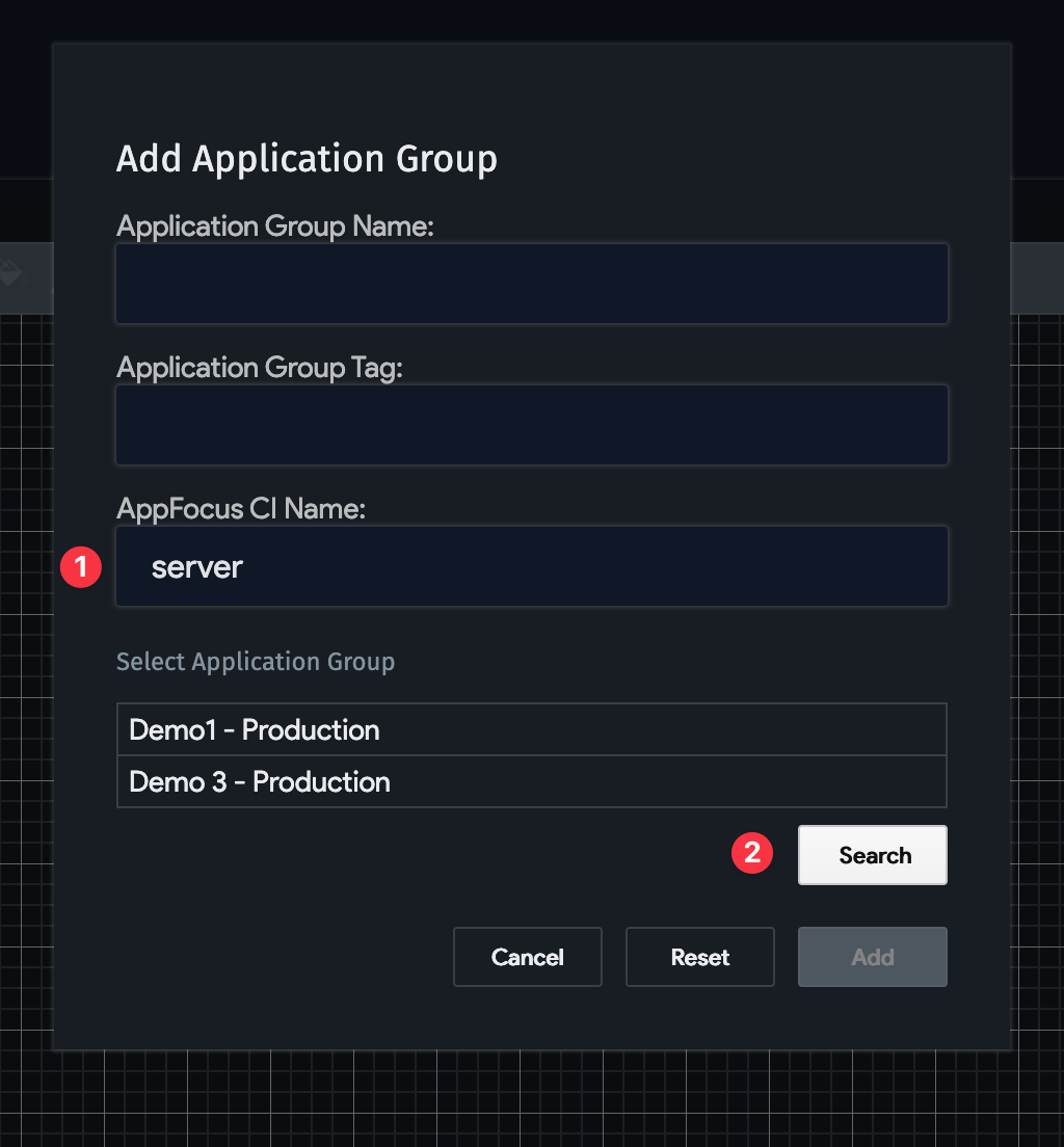 Add Application Group modal window