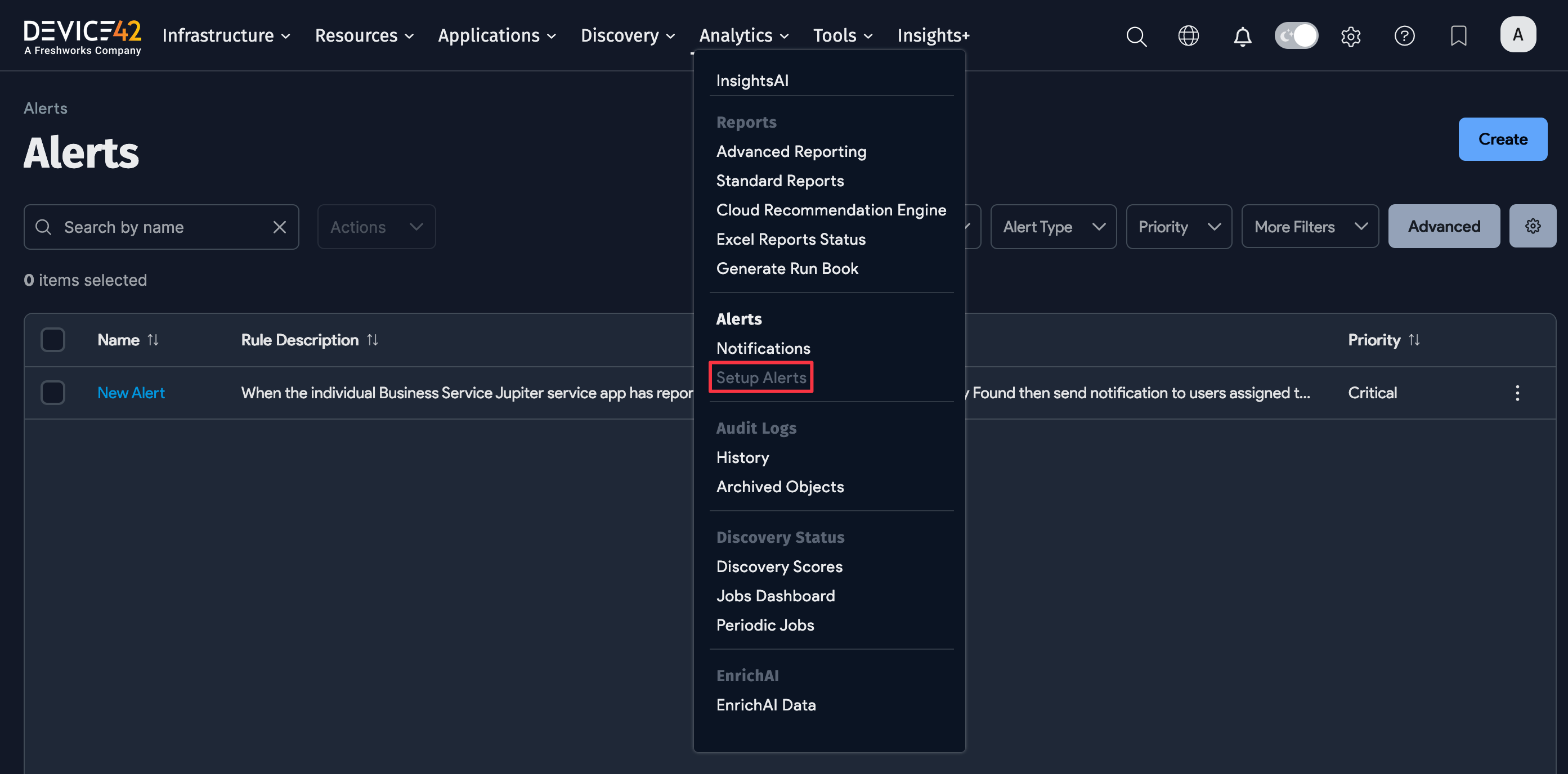 Setup Alert menu