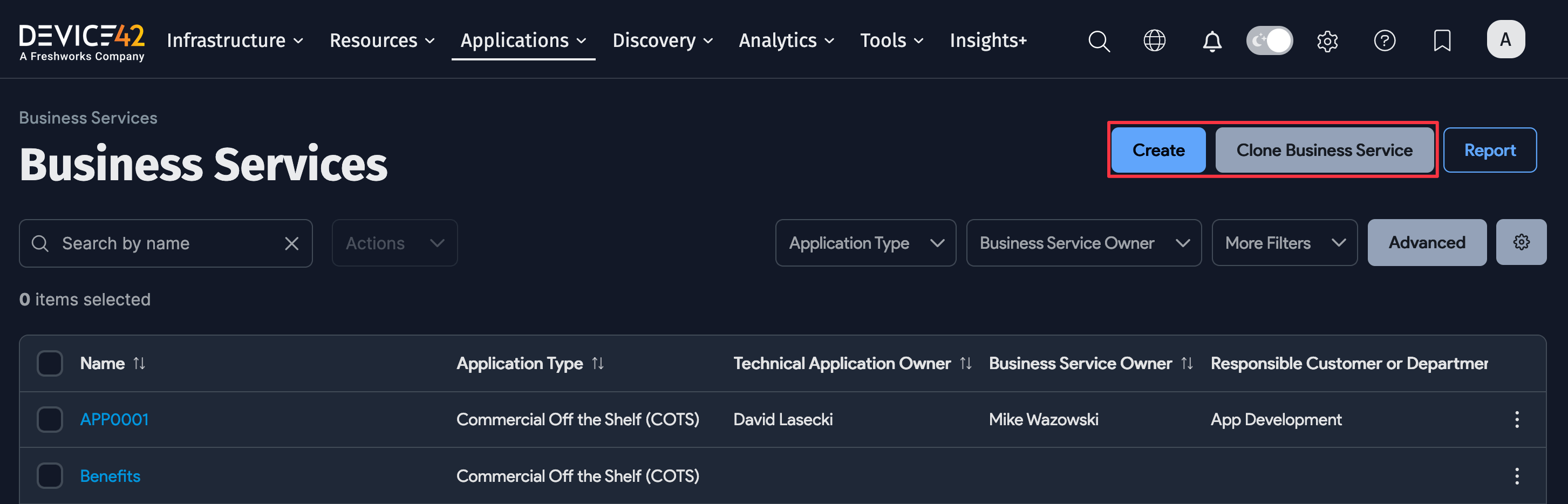 Business Services Create and Clone buttons