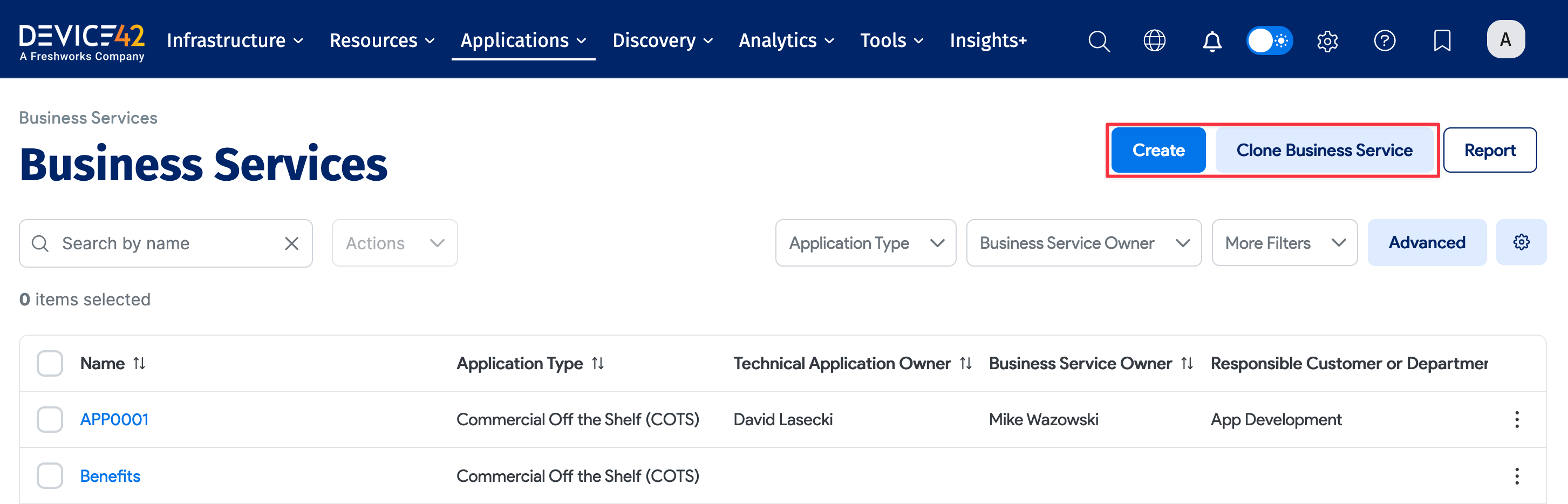 Business Services Create and Clone buttons