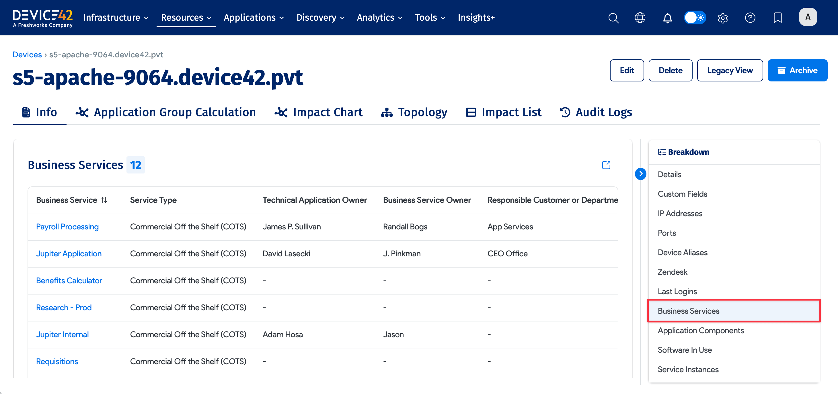 Device Info tab showing linked Business Services