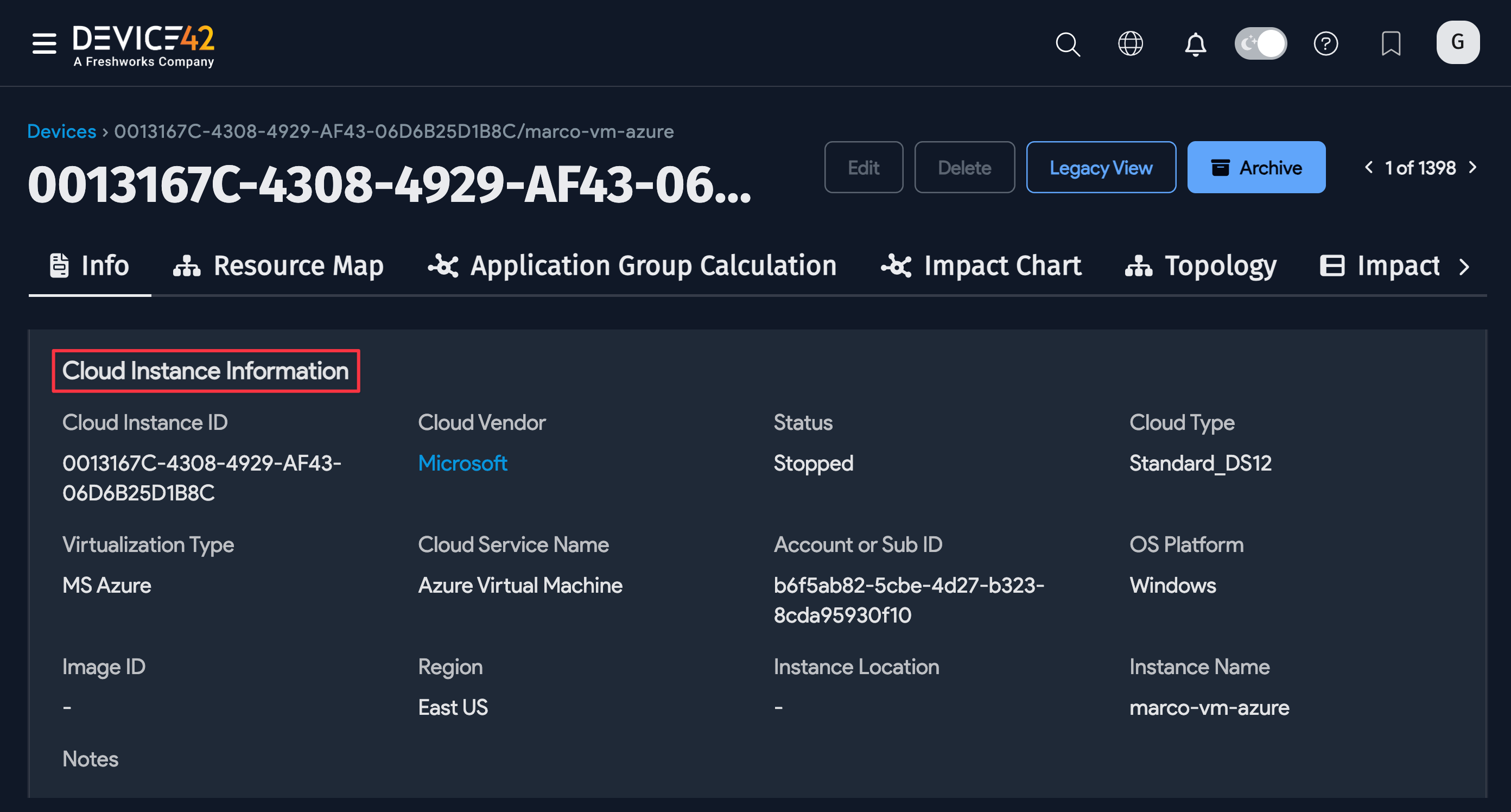 View instance info