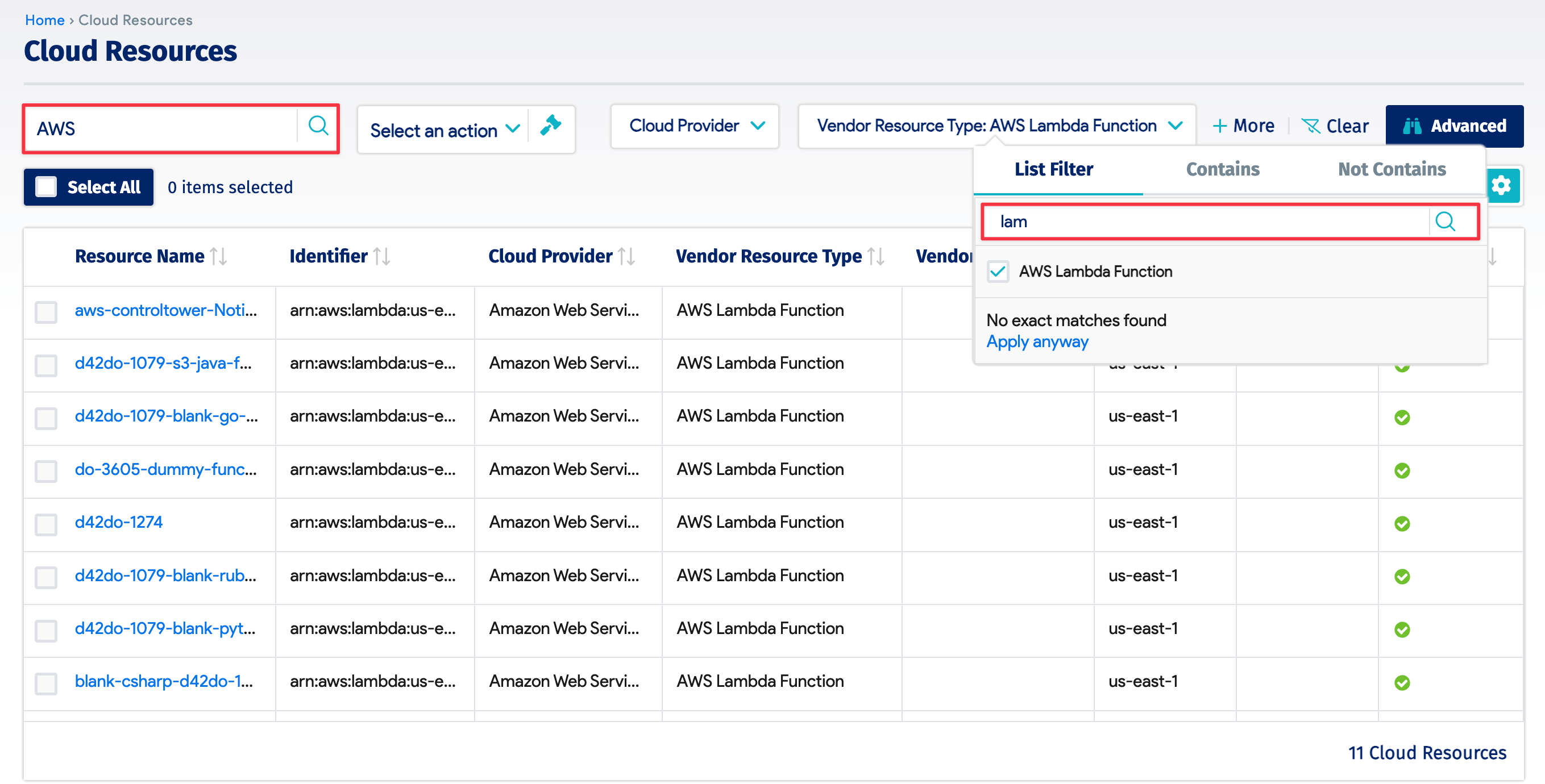 Cloud Resources list page