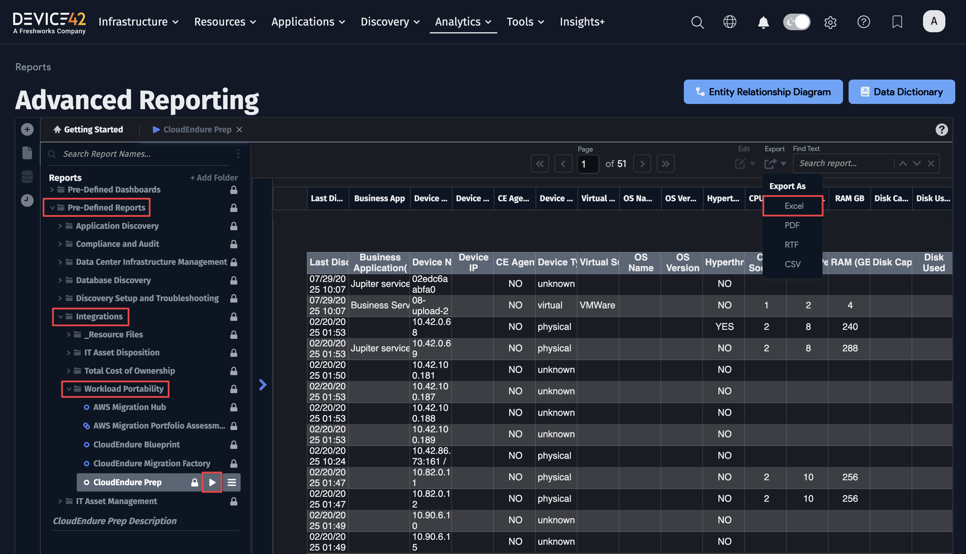 CloudEndure reports menu
