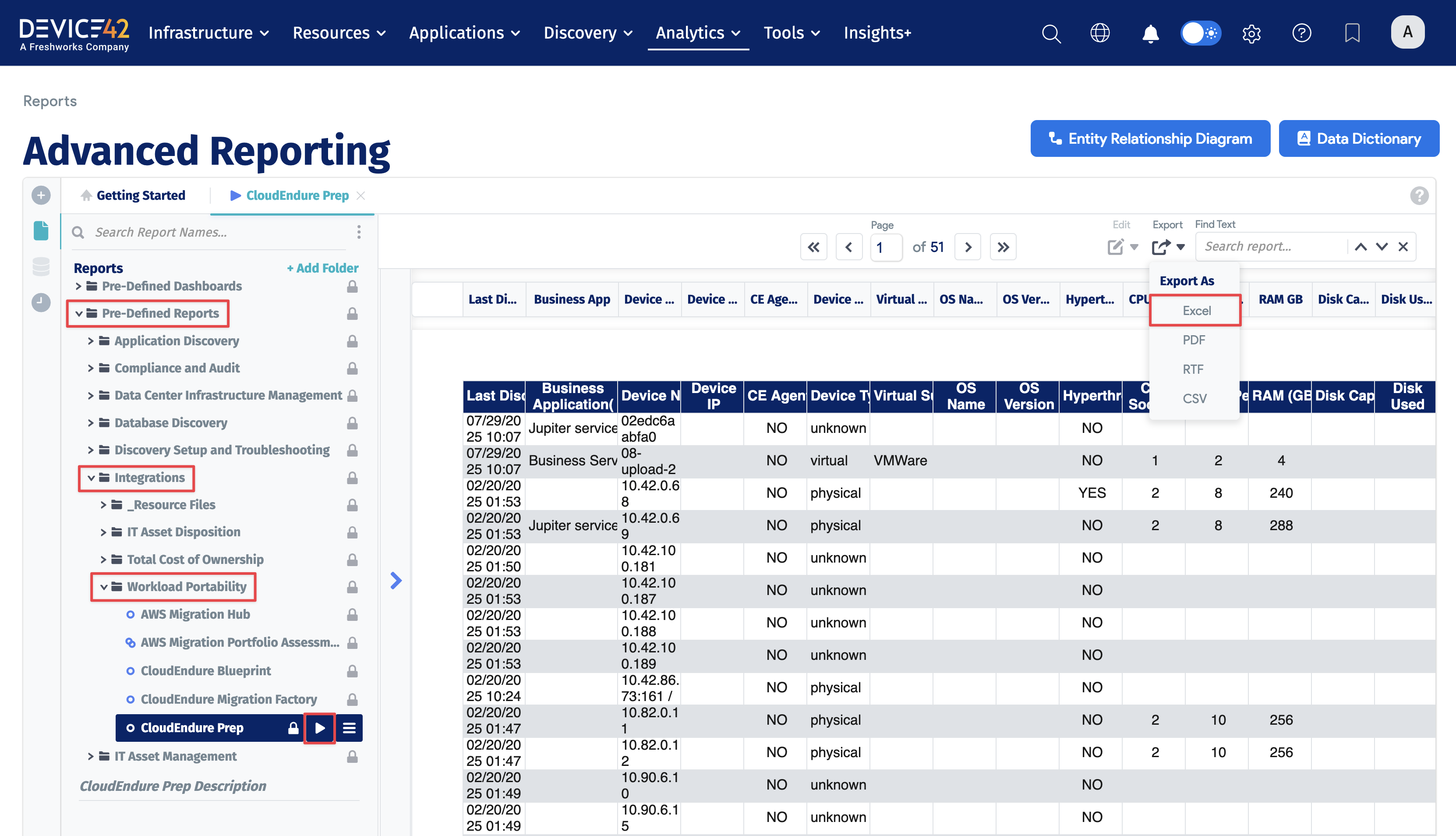 CloudEndure reports menu