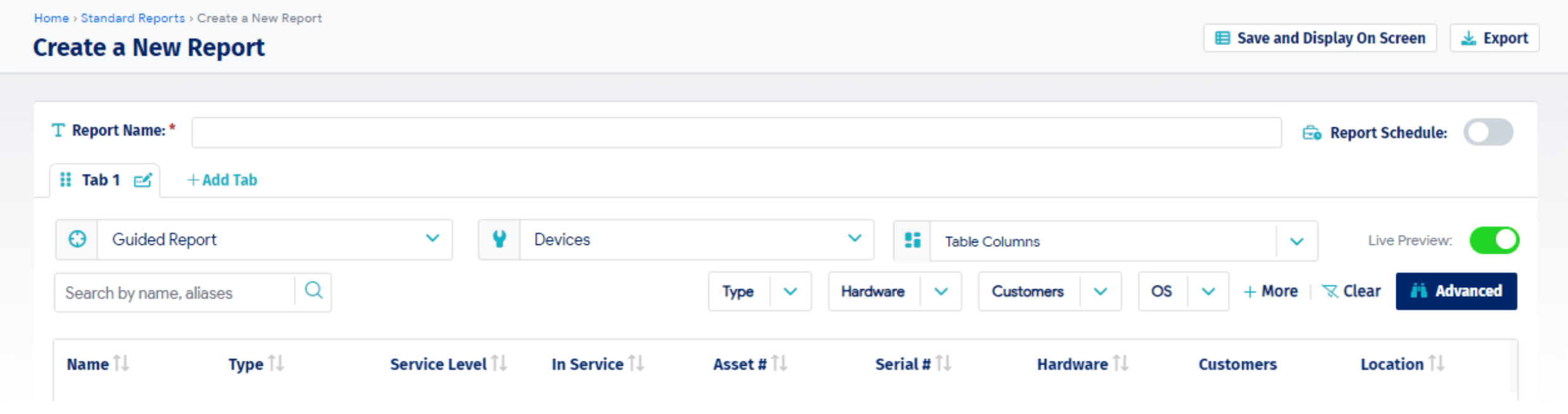 Create new report UI