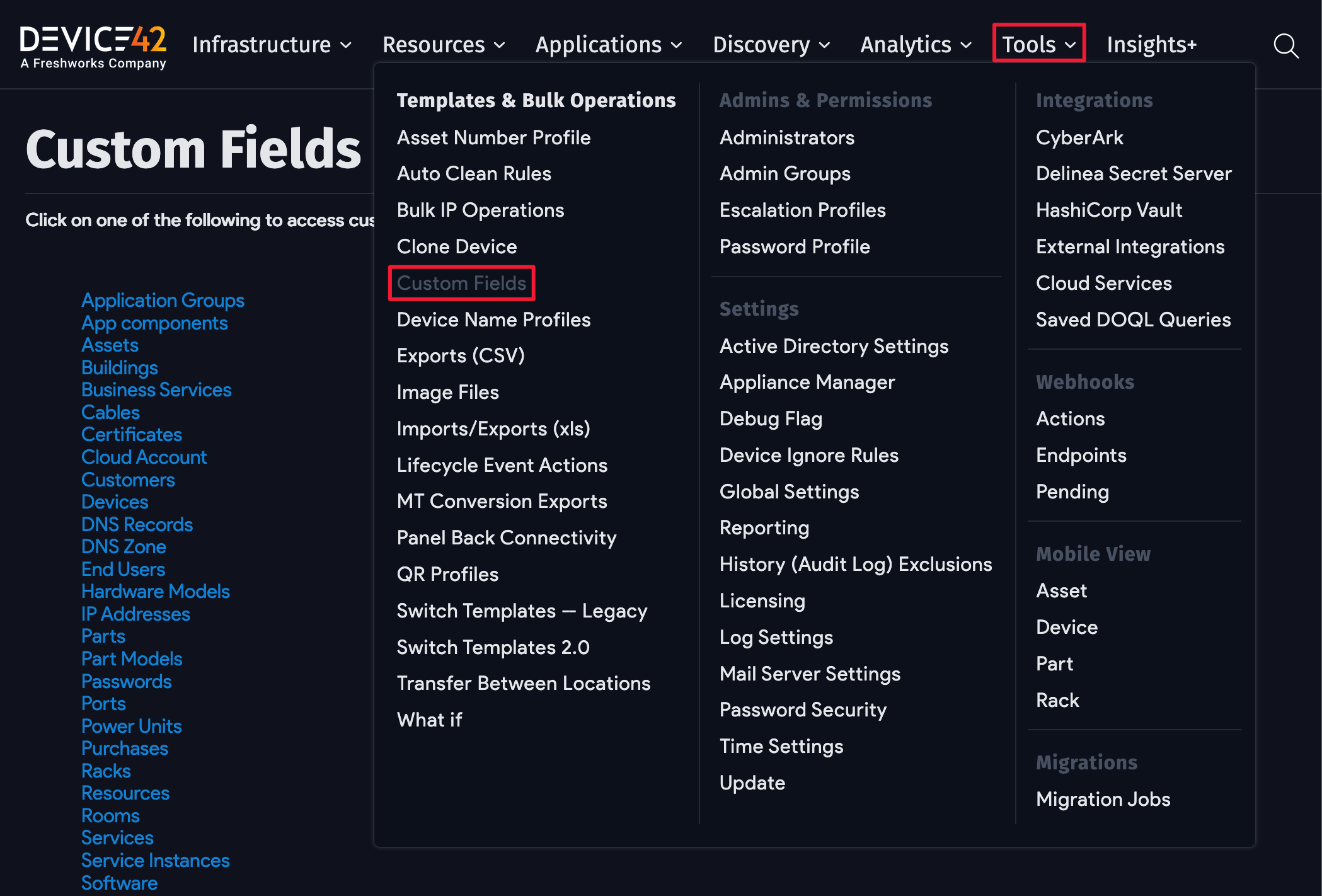 Custom fields menu