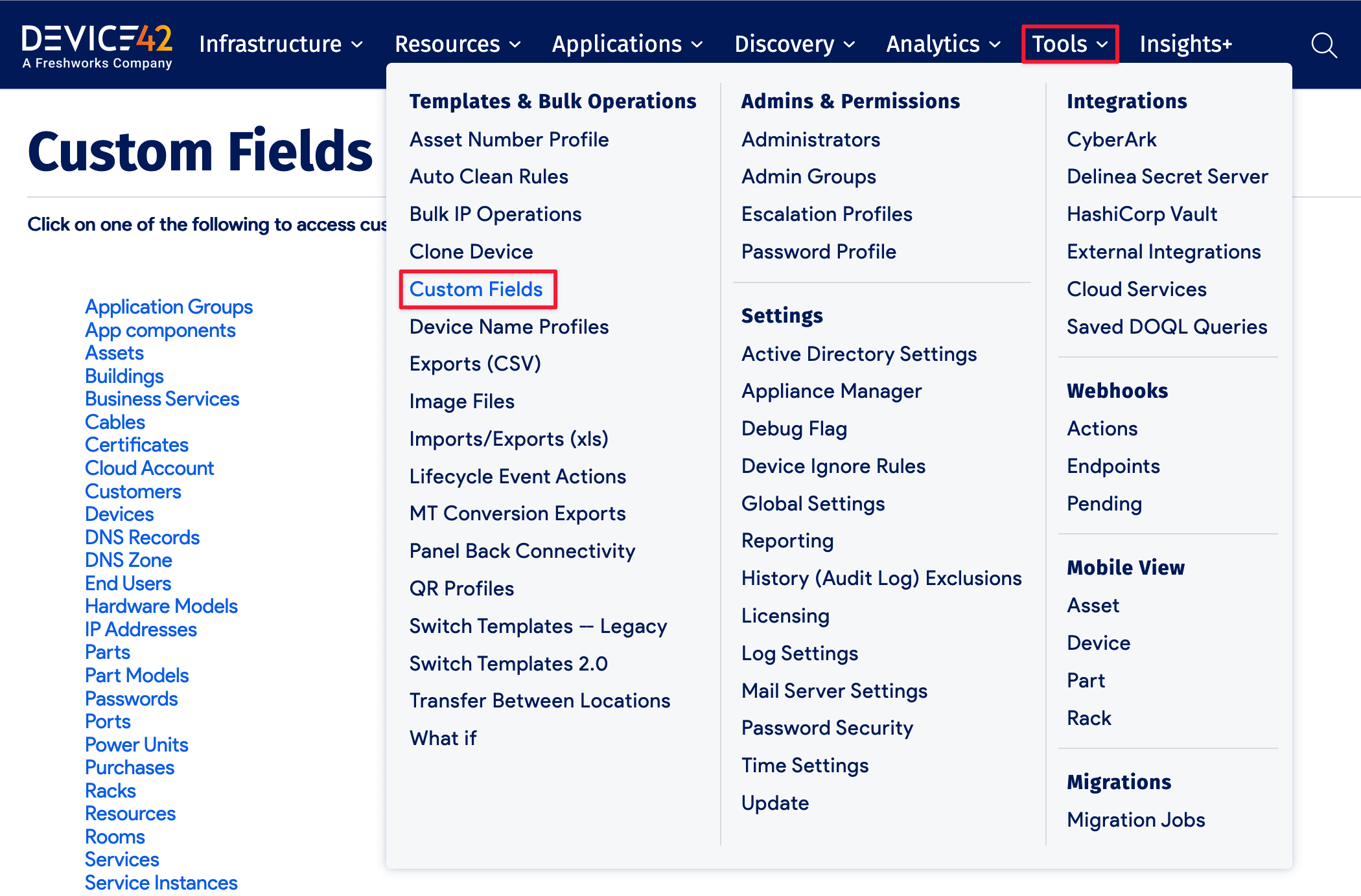 Custom fields menu