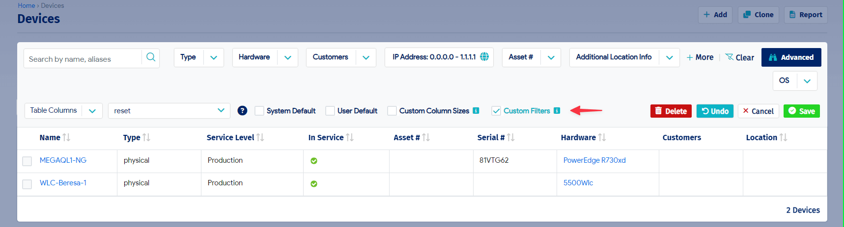 Custom filters checkbox