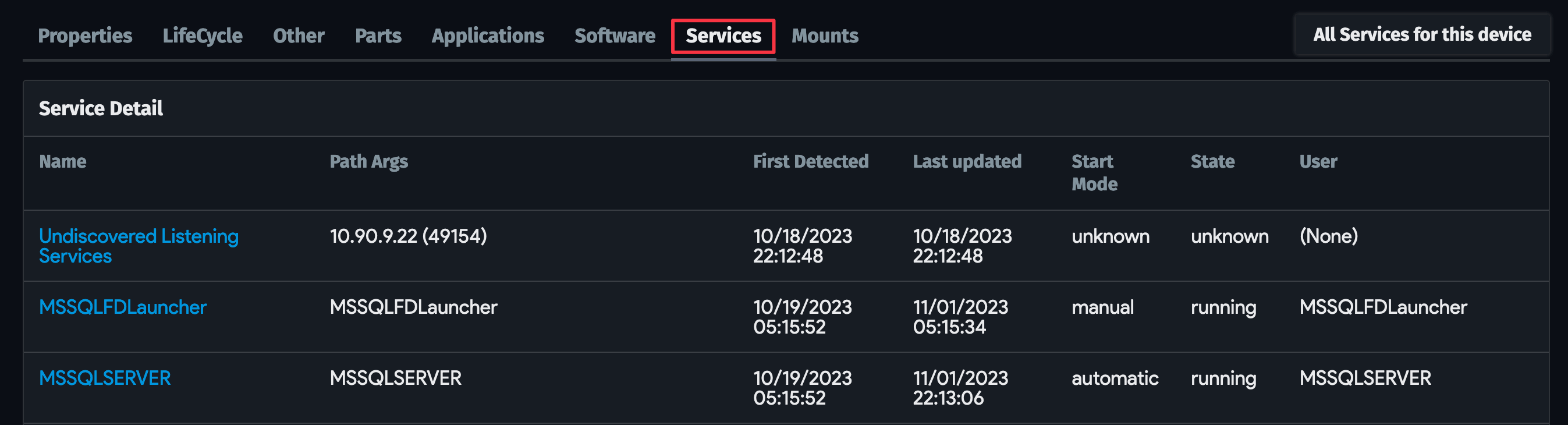 Services tab