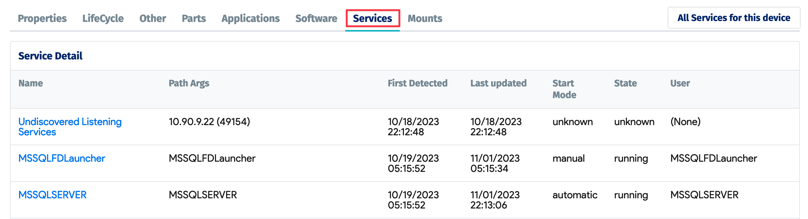 Services tab