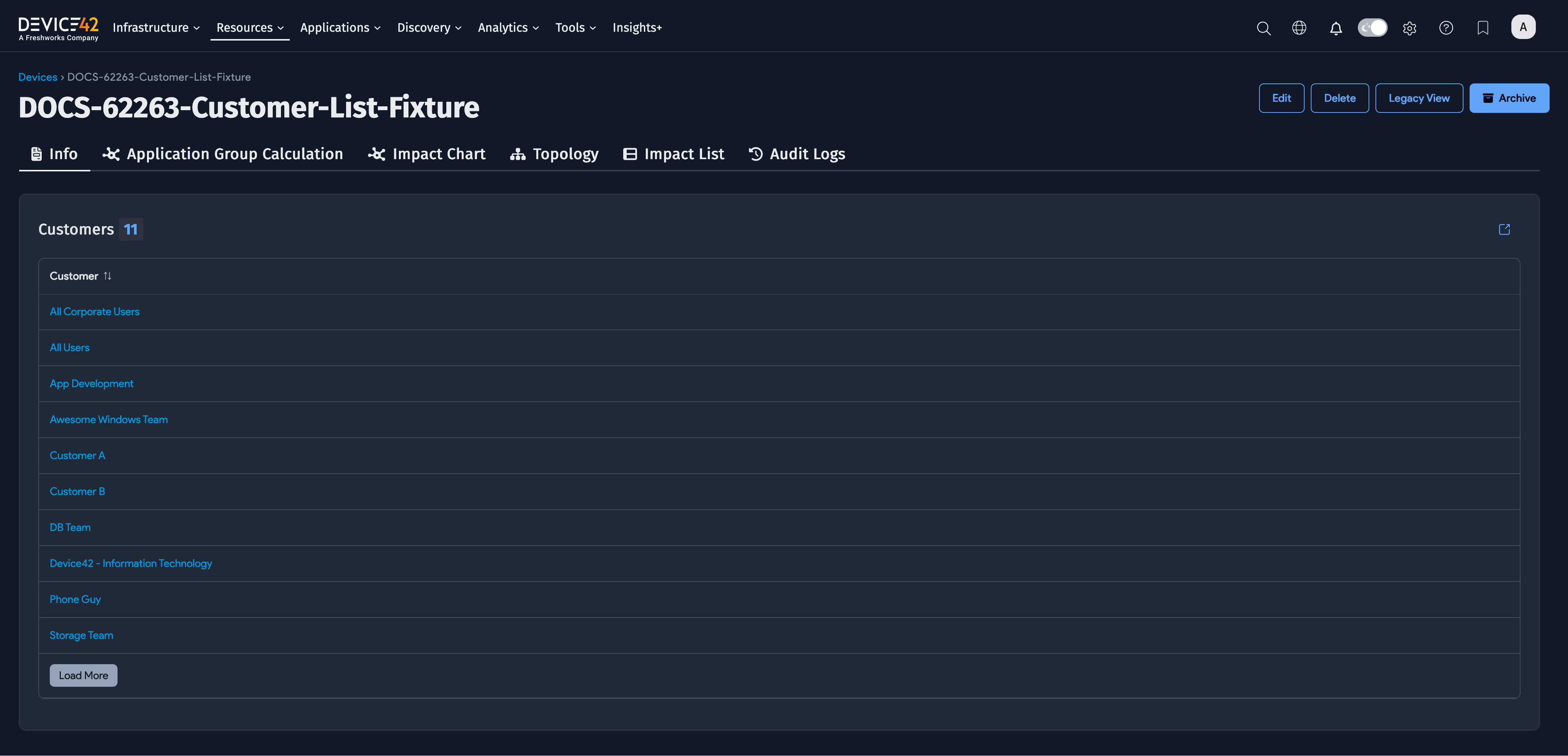 Device Customers section showing the customer count and Load More button