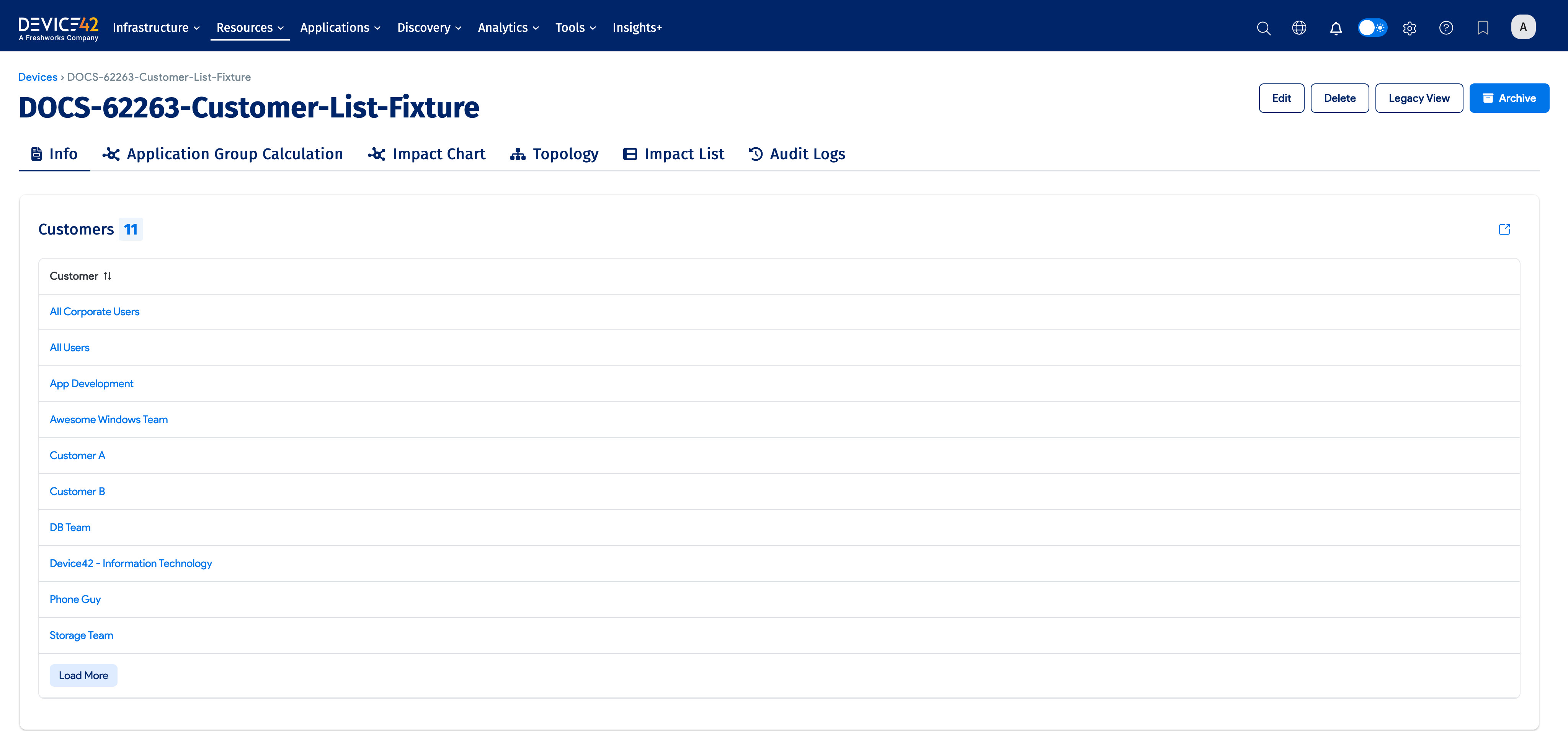 Device Customers section showing the customer count and Load More button