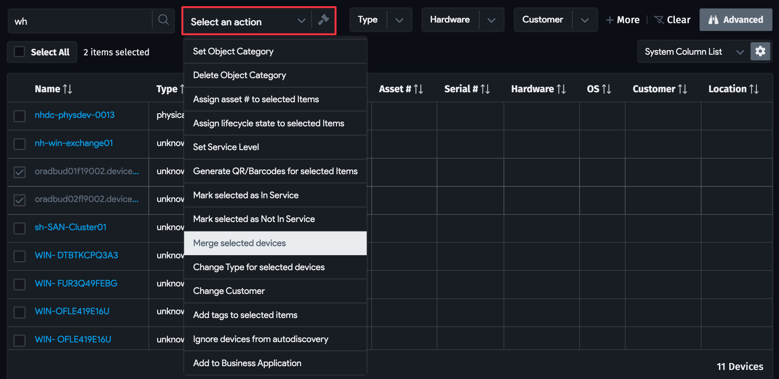 Bulk device actions dropdown menu