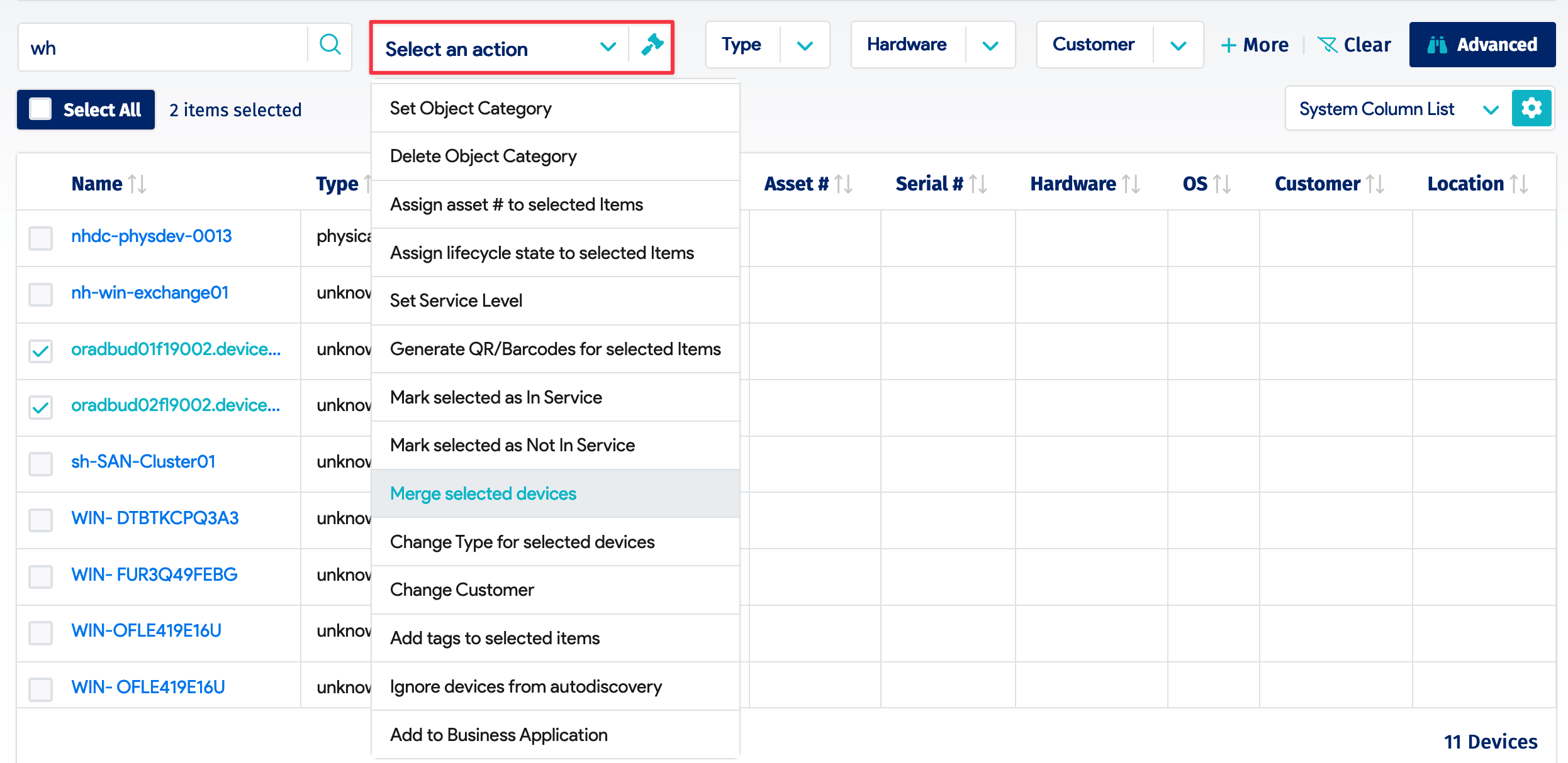 Bulk device actions dropdown menu
