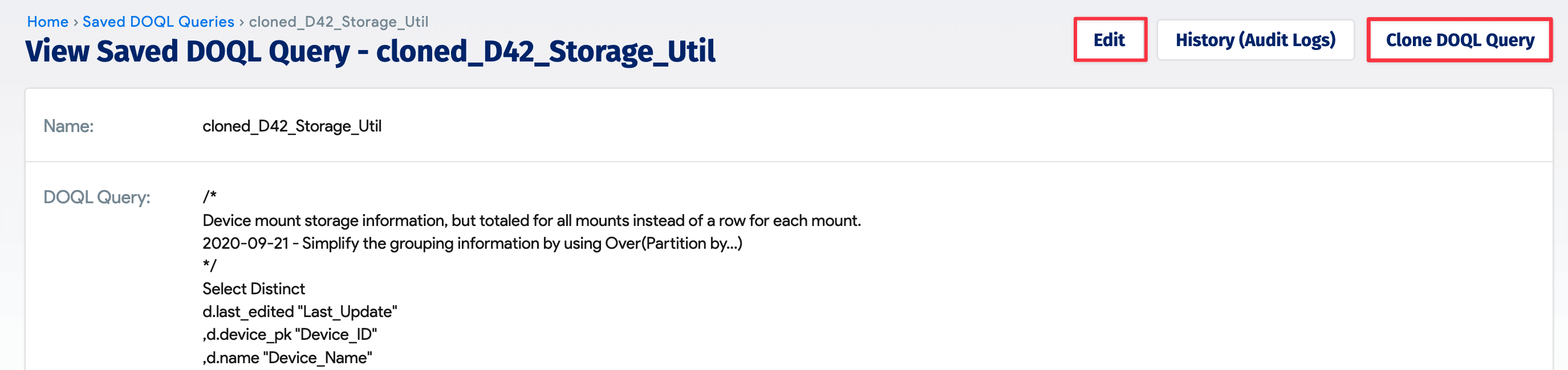 Edit button for saved DOQL Query