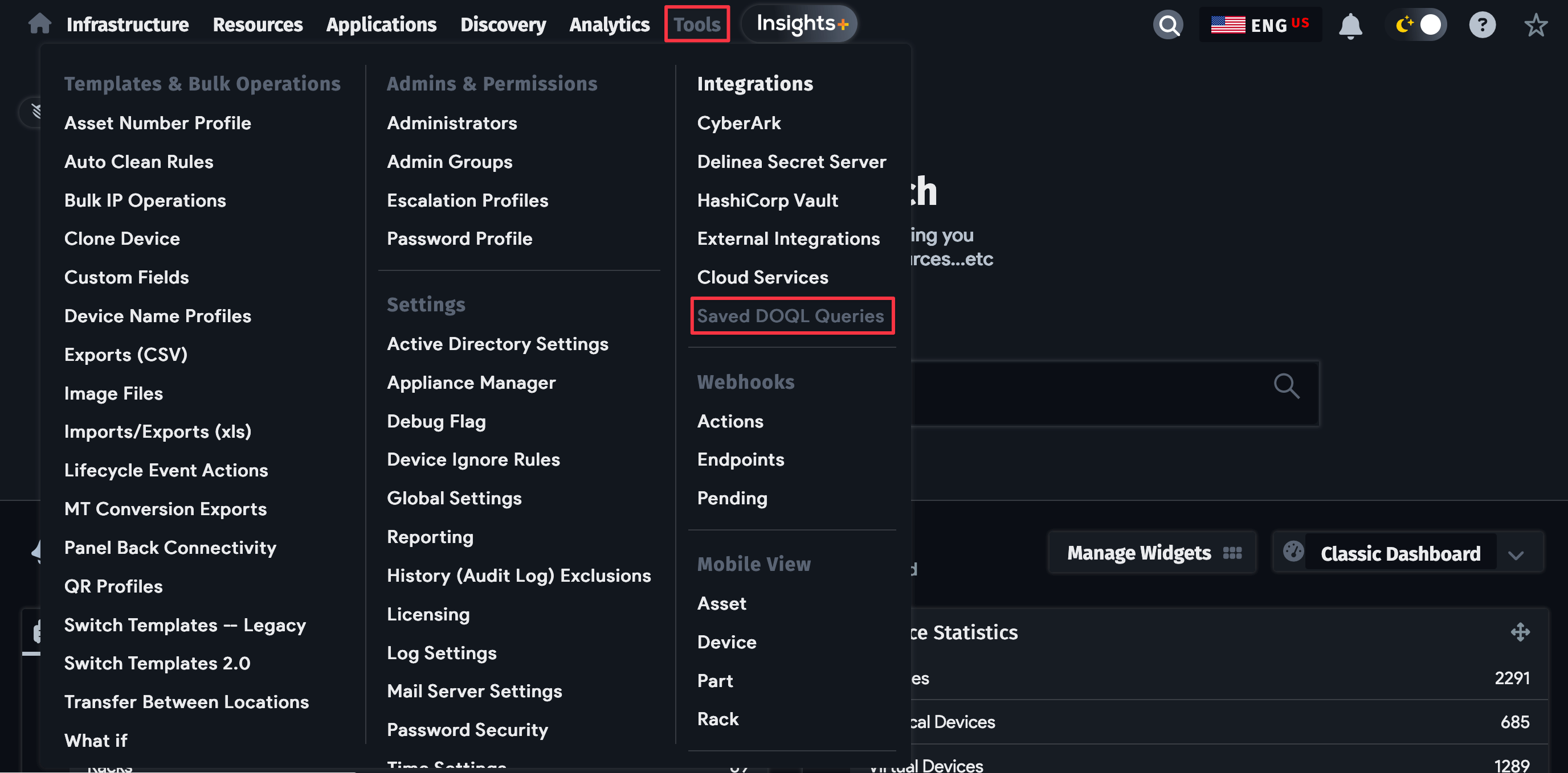 Saved DOQL Queries menu item