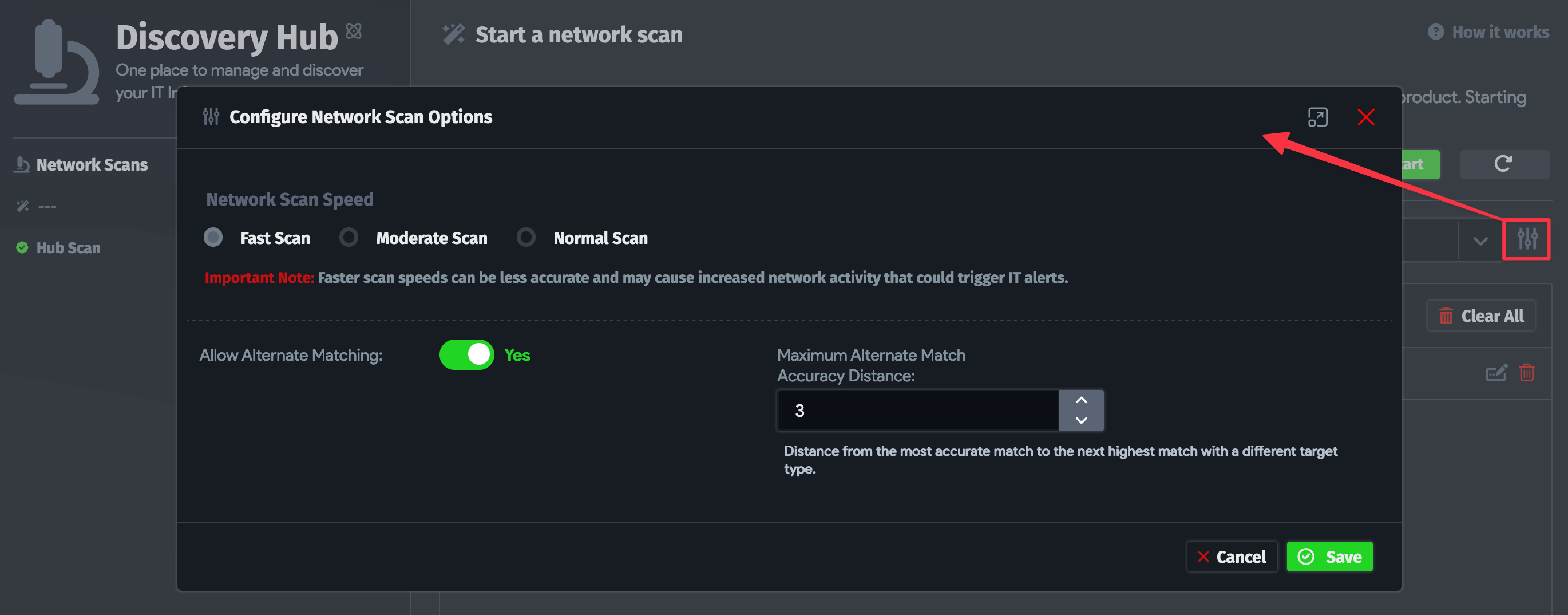 Configure Network Scan Options window