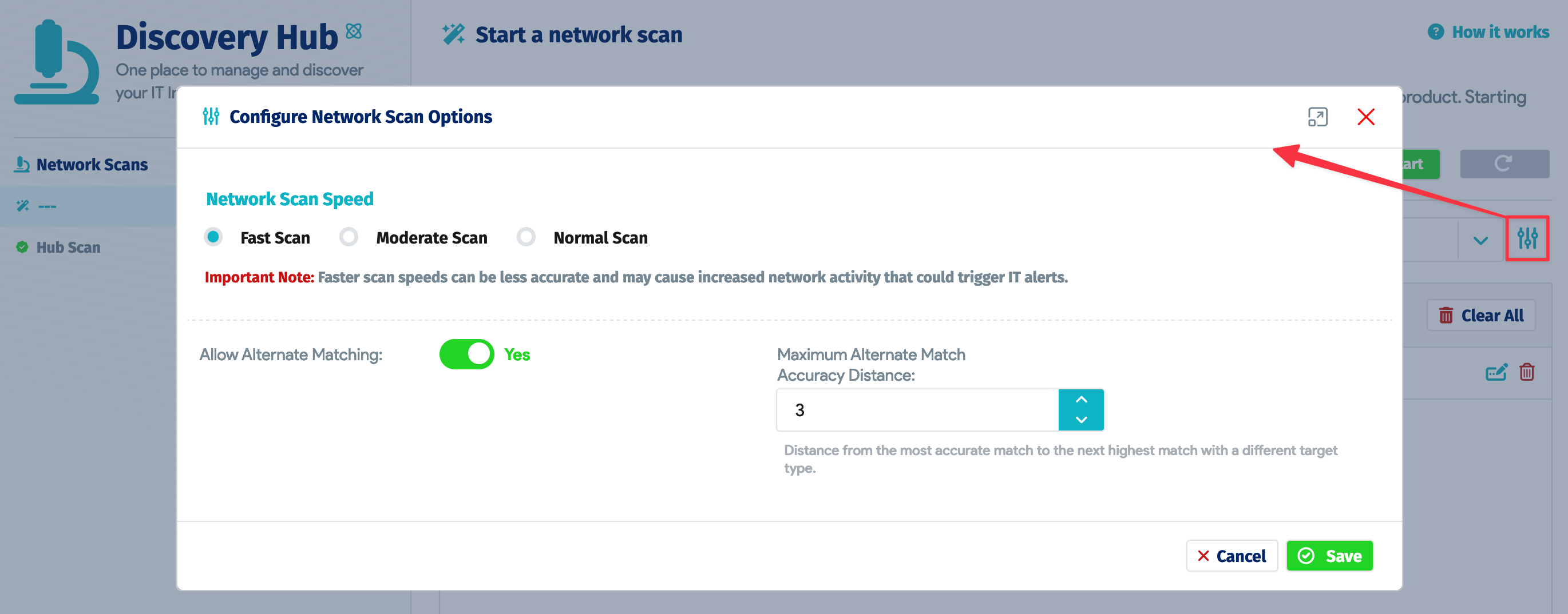 Configure Network Scan Options window