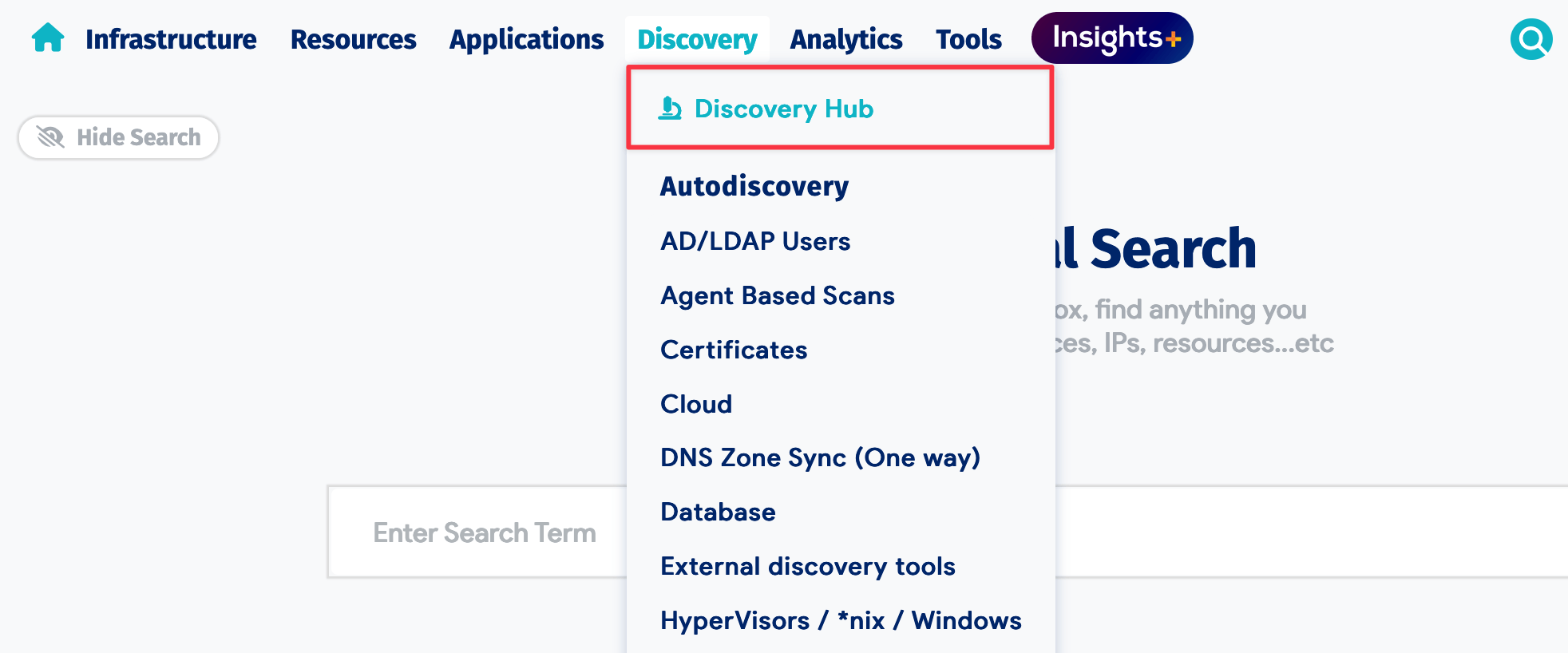 Discovery Hub menu
