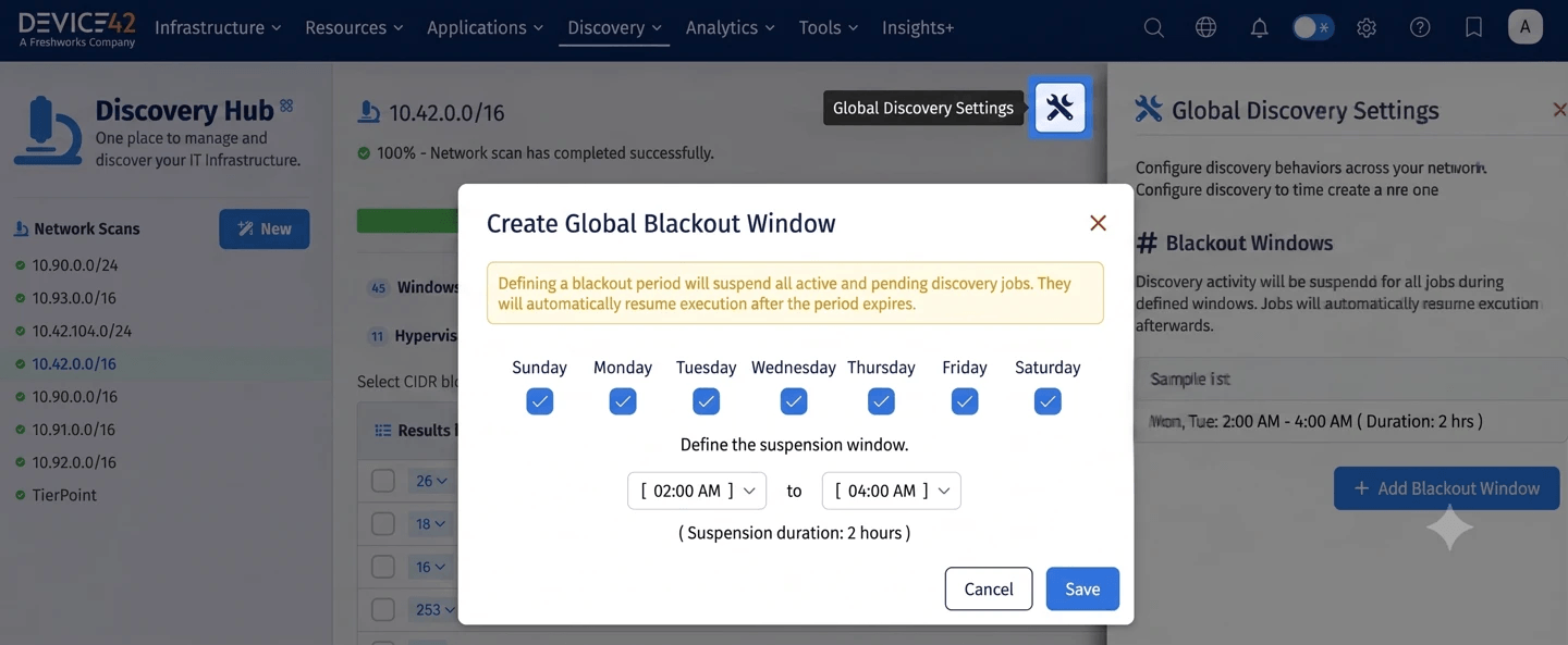 Create a global discovery blackout window