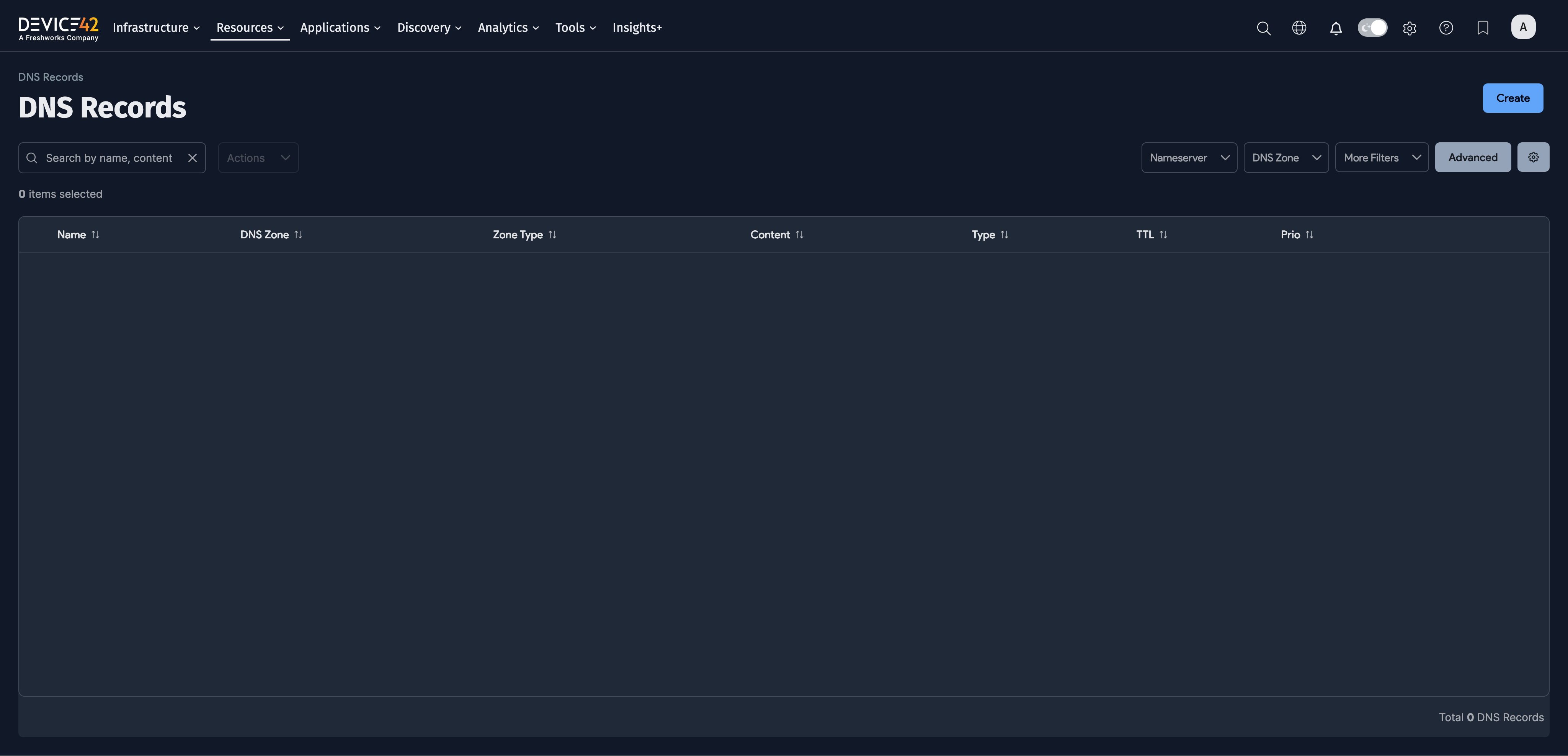 DNS Records list showing the Zone Type column