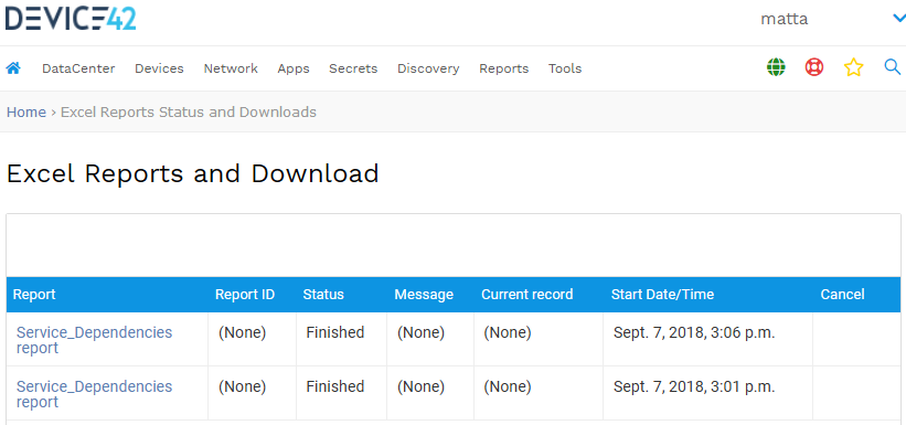 Excel Reports Status and Download page