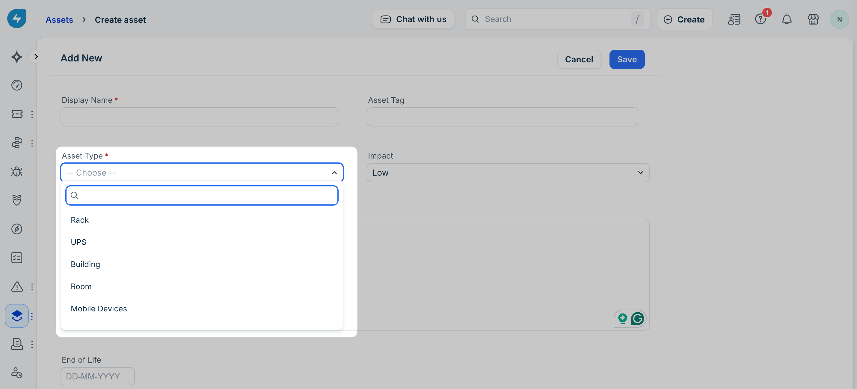 New asset type dropdown