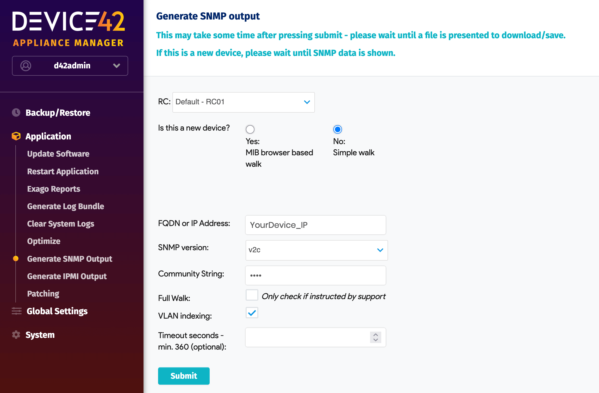 Collect SNMP walk Appliance Manager
