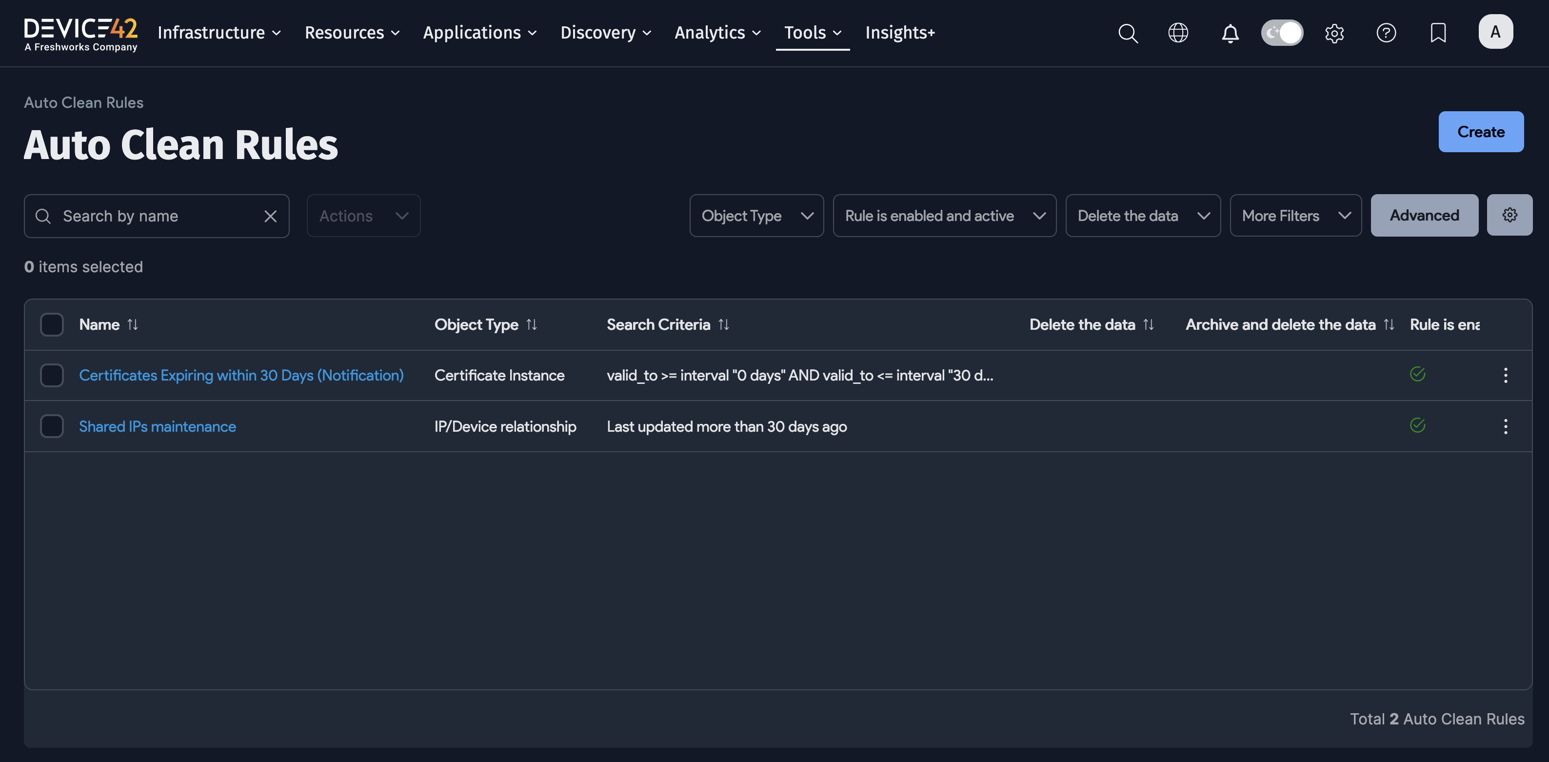 Auto Clean Rules list page