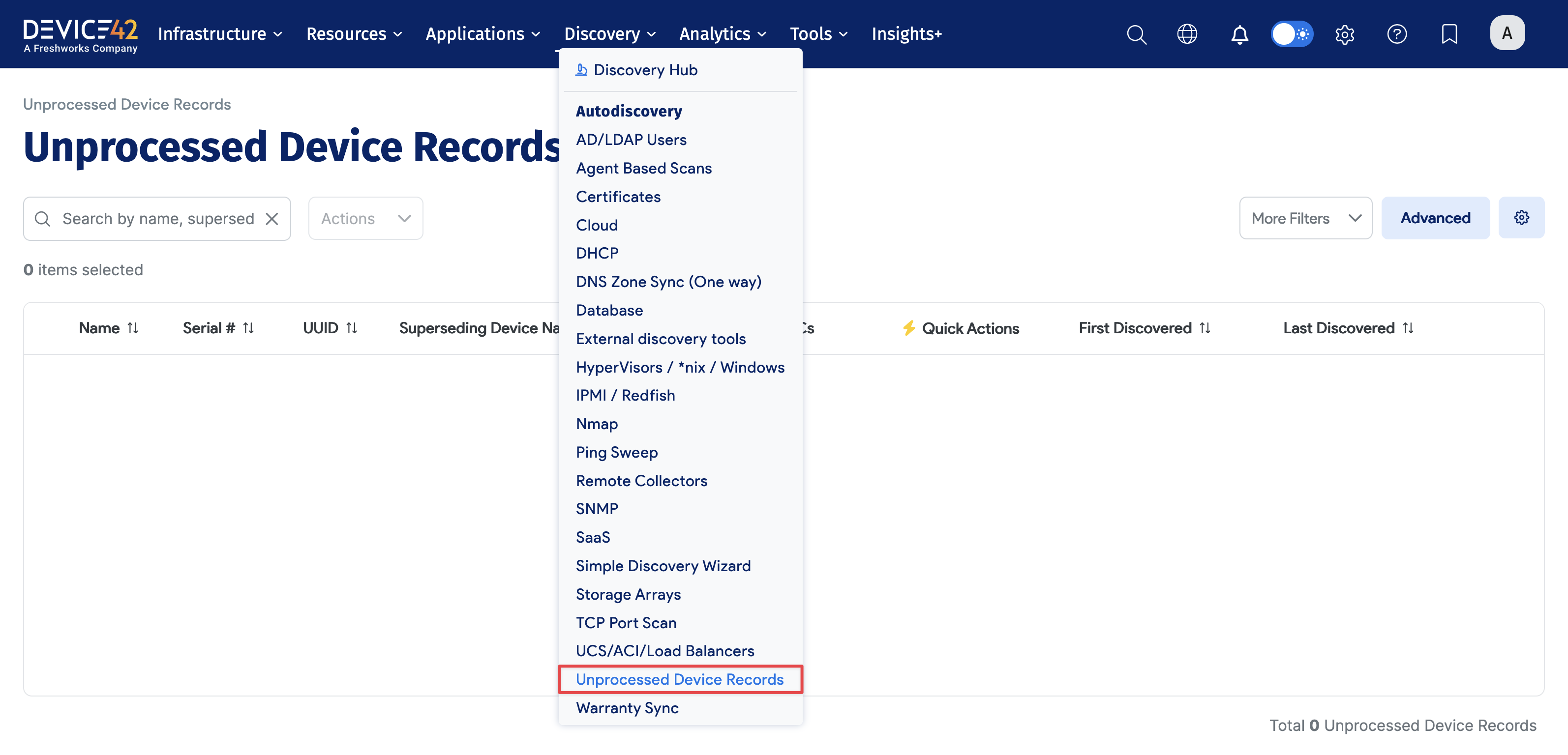 Unprocessed Device Records menu