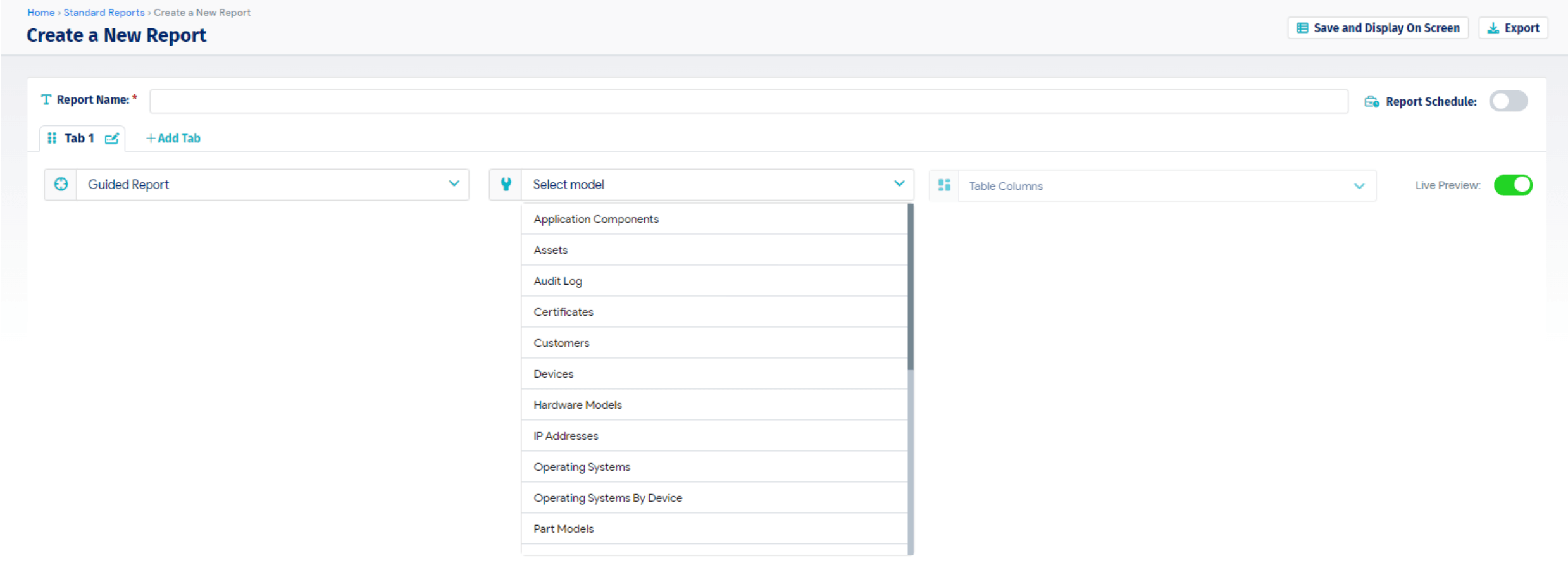 Guided Report dropdown