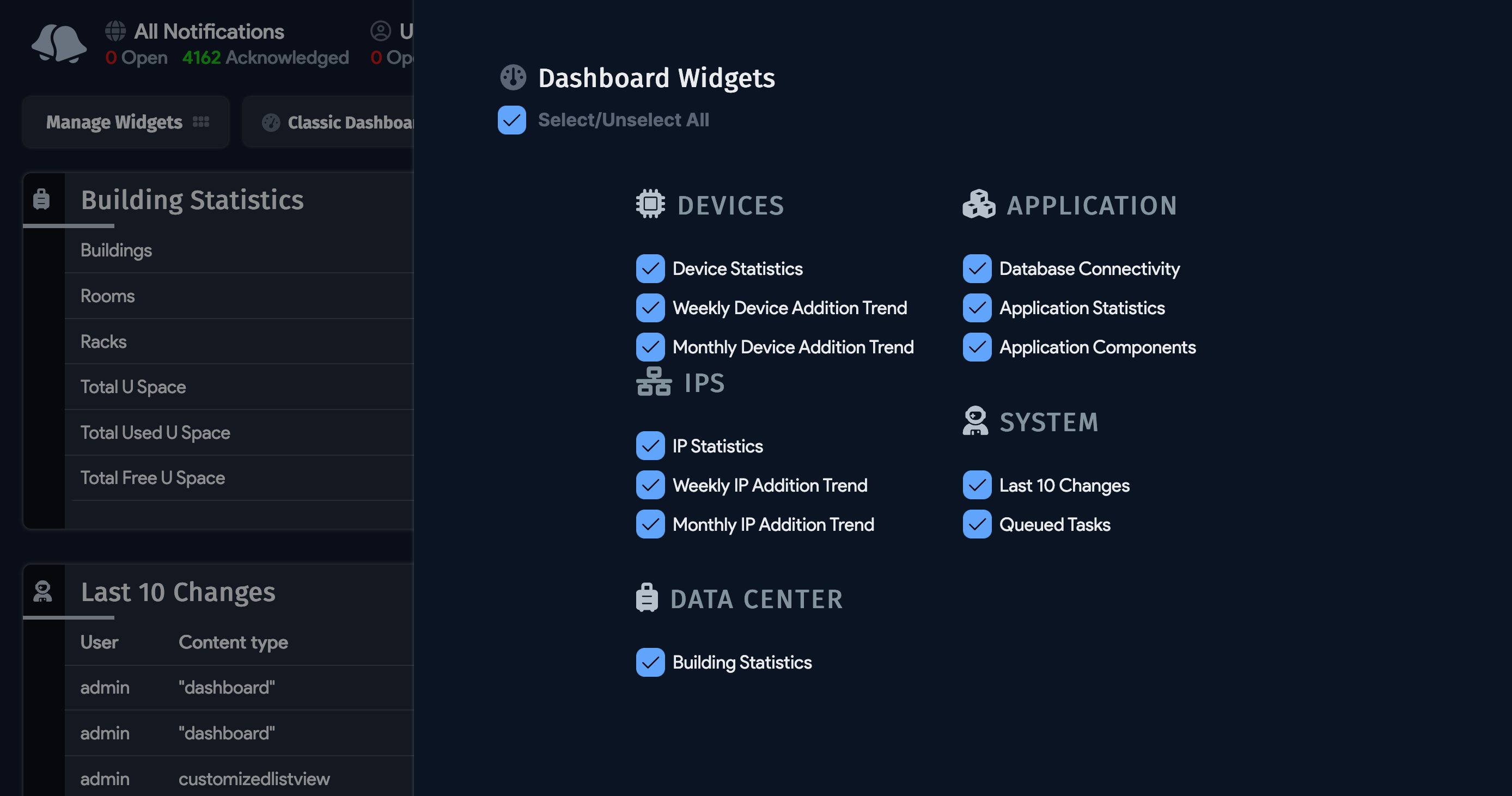 Widget selection