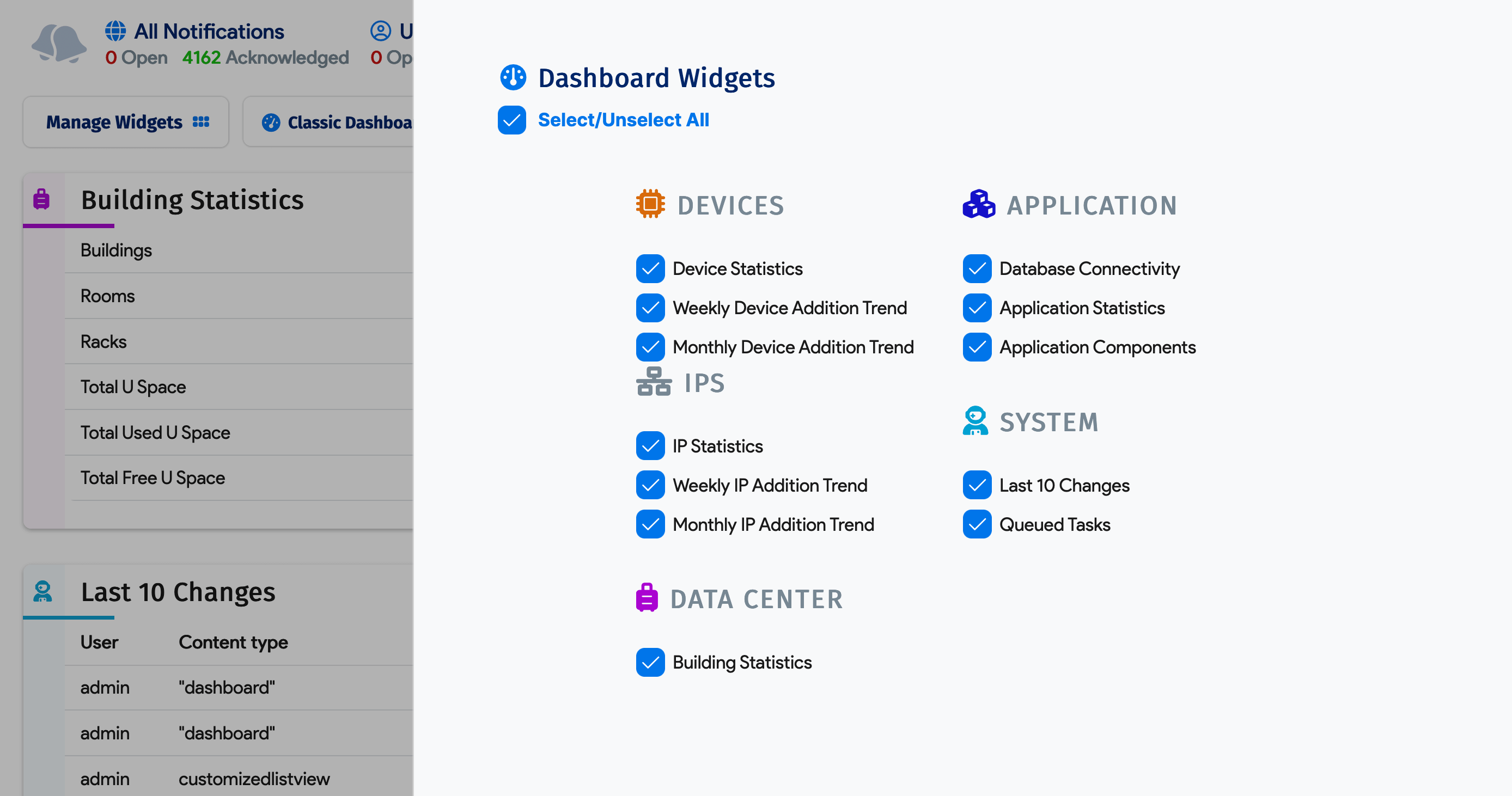 Widget selection