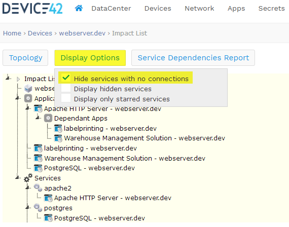 Impact list example with all services wo connections hidden.