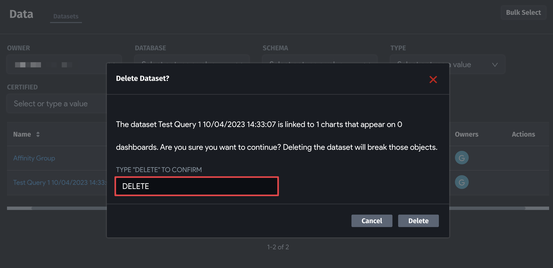 Confirm deletion