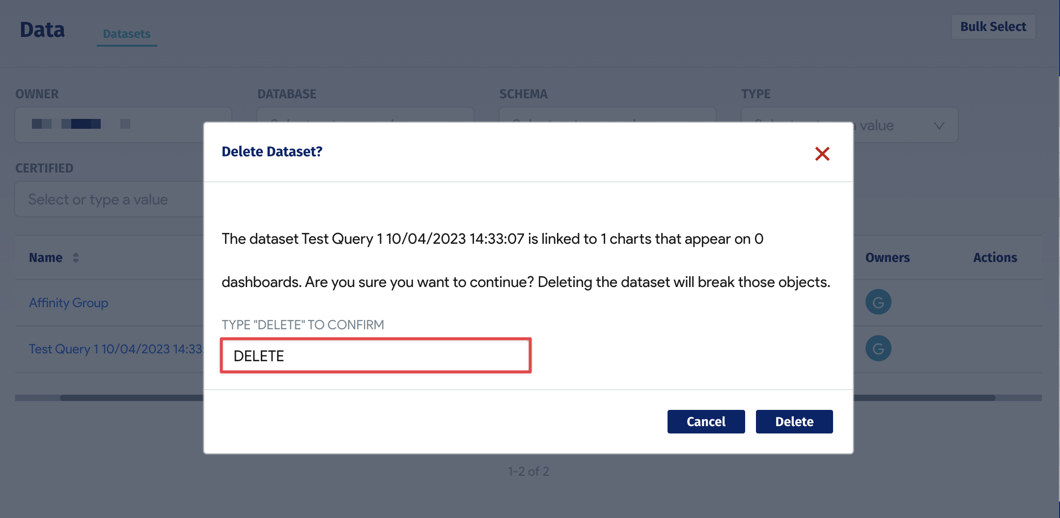 Confirm deletion